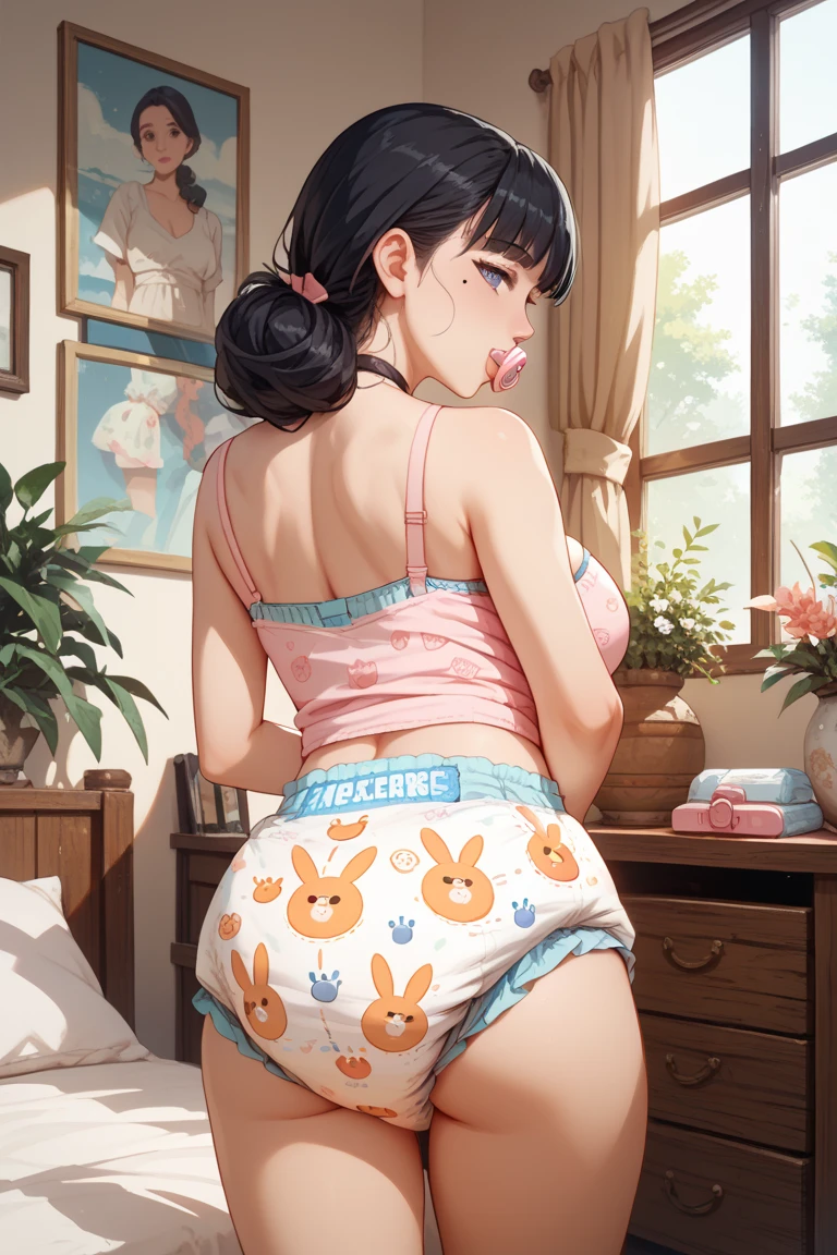 Loli, embarassed, upset, brown hair, pastel colors, baby clothing, diaper, wet diaper, back towards viewer