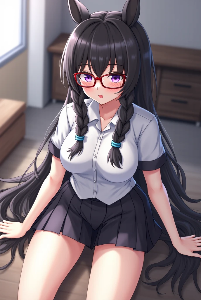 (8k、Best image quality、highest quality、masterpiece)、Detailed face、One girl、red Eyes、embarrassed,shy、((Grin))、huge breasts、((see through white shirt))、((see through))、((nipples)),((nipples visible)),((Plaid skirt))、((open pussy))、sit、spread legs、white buggysocks,Shoot from below、sitting on desk,in school classroom,classroom background,Nipples,Oppai,fingering pussy,vaginal finger,hand to pussy,touch oun vagina,Exposure,pussy juice,wet pussy,cum on face,milk made braids,black hair,glasses,loli,