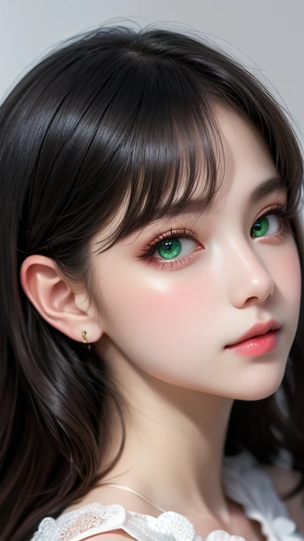young girl, ( envuelta en una White skin)* eyes are a deep blue-green color, White skin, rubbed cheeks, sincellied nose, small pink lips,gentle and elegant look, , dress, Renaissance, ((dark green eyes)),((Hair, dark brown))