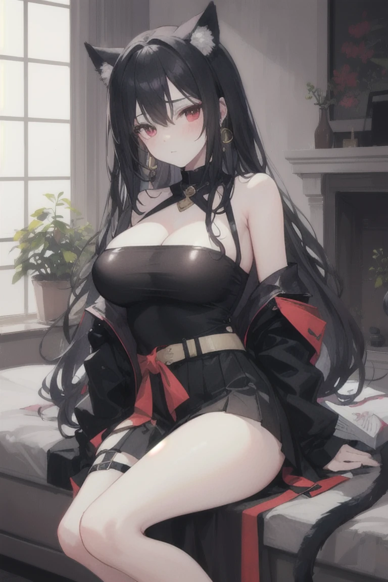 A girl sits on a chair at a huge table. Eyes look our way. Aggressive look, arrogant. The girl is wearing a dark dress. dark hair., Red eyes, teenager.