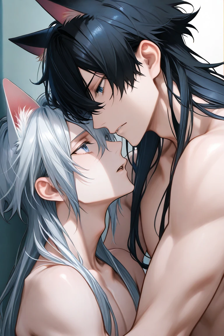 art style of mo dao zu shi hybrid character with wolf ears,masculine and dominant gender, Short White Hair, purple raven iris eyes,pale skin,mature appearance and pale body, thin and delicate. Do it in a wooden bathtub alone with hot water with a smile