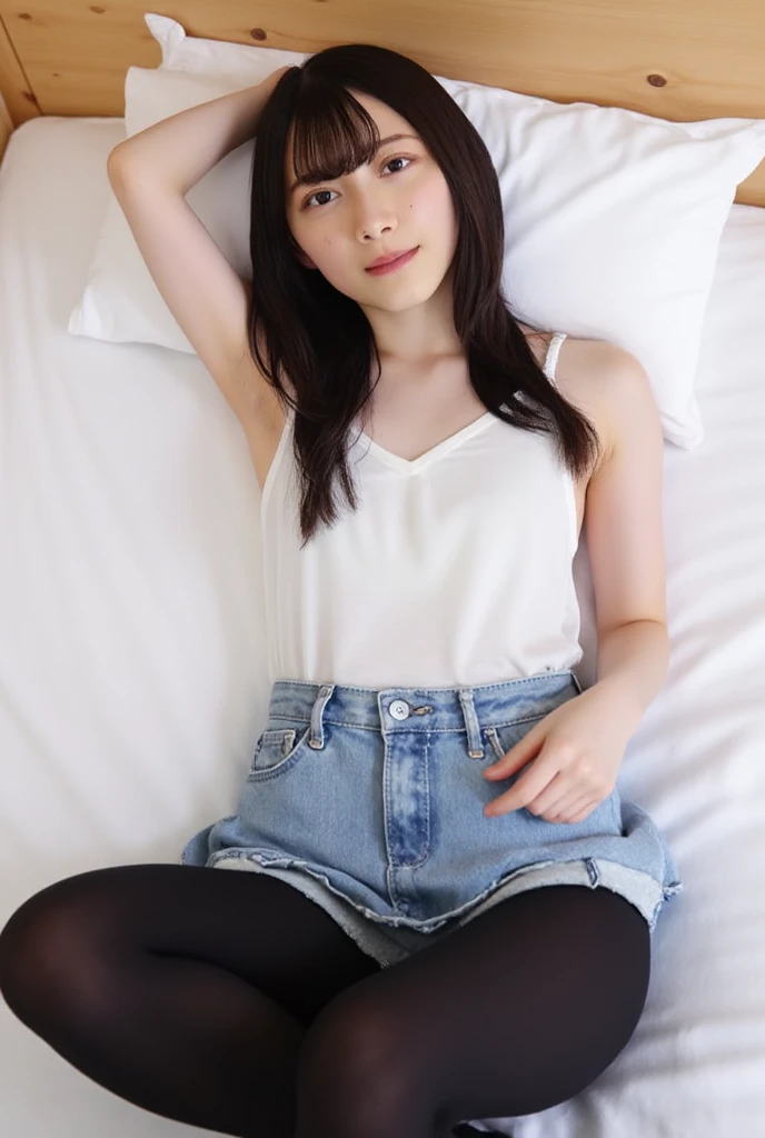 It depicts a beautiful Japanese girl sleeping in bed.。She is wearing a white tank top and black shorts.、You can see him sleeping in a relaxed state.。The white tank top is simple.、Black shorts with light blue trim。Her skin is smooth and、Has a healthy tone。
Her hair is shoulder-length、It spreads out in a natural wavy style.。Her face is calm、It also looks like he's smiling slightly。Her other arm is on the pillow、The other arm is placed on the stomach、Overall, I have a relaxed posture。
In the background、I see a simple bed and white pillows.。The room is bright and bright.、There is an atmosphere of natural light pouring in.。The overall atmosphere is very quiet.、Emphasizes a state of peace and relaxation。
This image is、It captures her beauty and peaceful moments.、Gives the viewer a relaxing feeling。