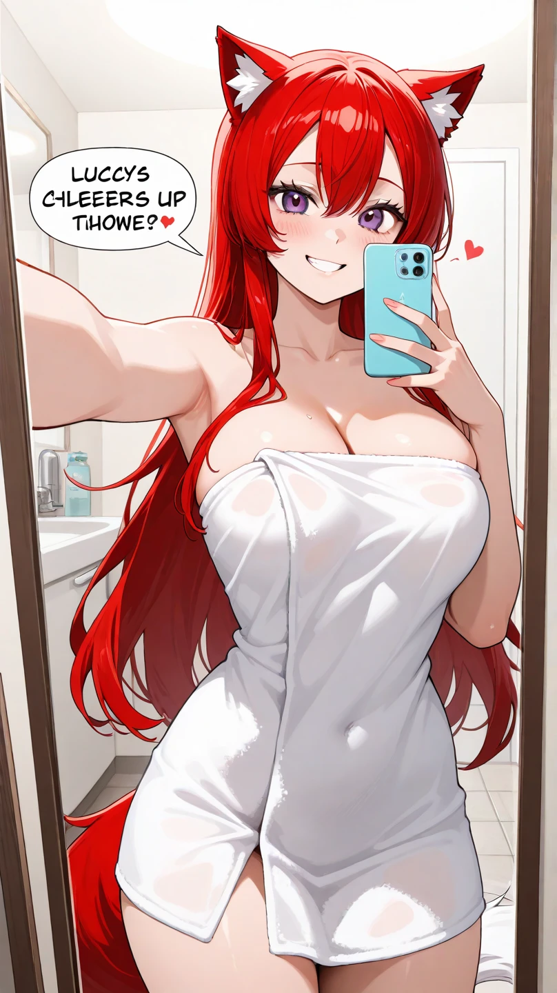 furry girl, cat, red hair, Knight bangs hairstyle, long ponytail, anime style, medium breasts, blue eyes, ((nude)), high quality, detailed body, detailed eyes, detailed face, masterpiece, glistening body, detailed body fur, best quality, two tone body, pink fur, clear pink fur, perfect lighting, perfect shadows, perfect eyes, perfect hair, perfect face, gorgeous body, skinny, :3, room, mirror, one finger selfie, phone, (wink, one eye closed)