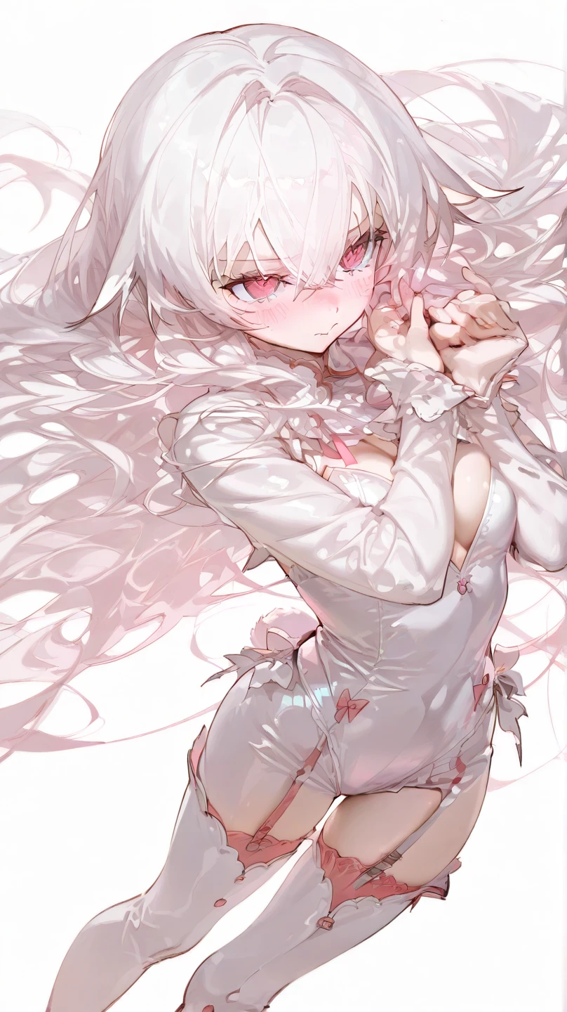 darkened background, masterpiece, highly detailed, 1girl, solo, bare shoulder, close to viewer, white lace dress, elbow gloves, fox ears, hair between eyes, light smile, streaked hair, silver long hair, pink eyes, large breasts, midriff