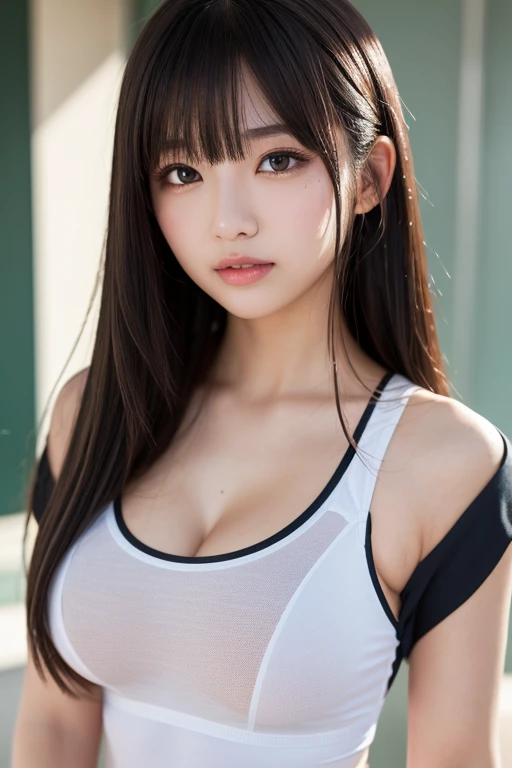(Best-quality, Masterpiece, Ultra-High-Resolution, (Photorealistic:1.4), Raw Photo, depth of field, professional lighting, perfect anatomy, extremely details), 1girl, 15-years-old, the most famous Japanese idol, jogging, innocent smile, ((extremely cute face, ((extremely cute and extremely big black-eyes)), extremely beautiful long-hair, ((extremely beautiful and extremely realistic skins)), extremely beautiful body)), (wearing sportswear with cute-design)