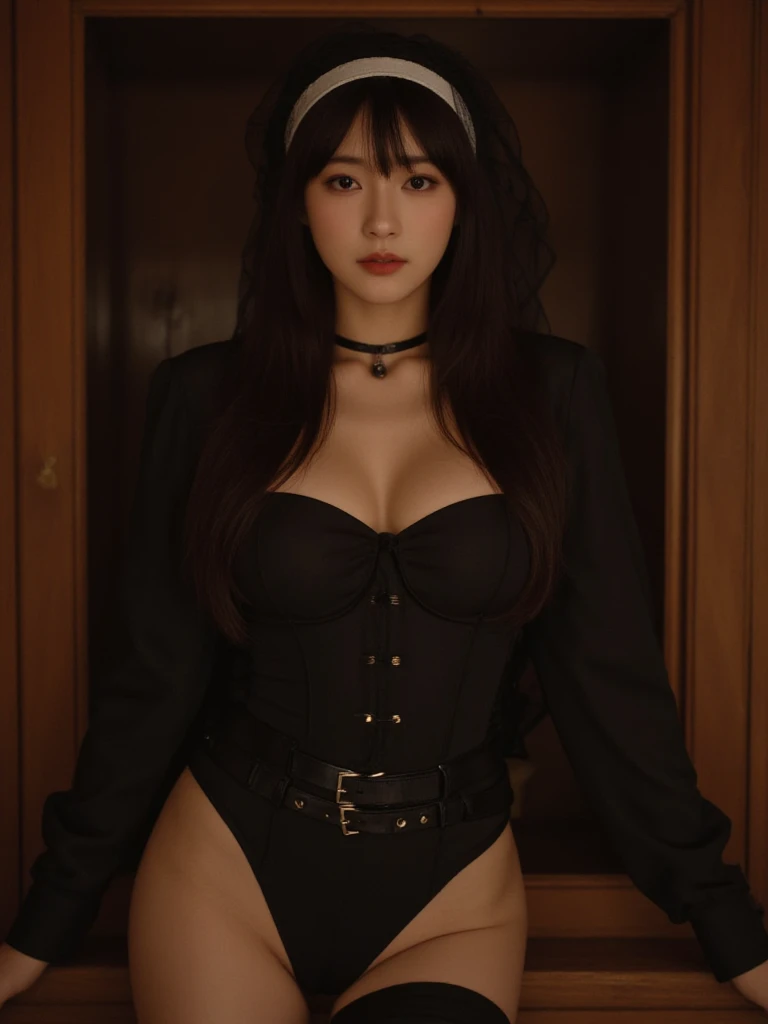 A woman who has a black blindfold and always wears a black and white dress, His hair has always been short and white., his body is tall, medium breasts, thighs and big butt.