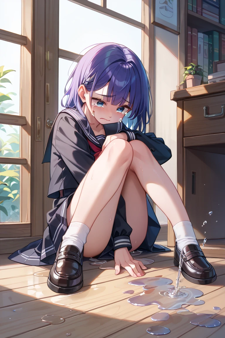 - Age: 15 years - Height: 170 cm - Weight: 56 kg - Hair: blue and purple, a little long, with locks falling over her face - Eyes: Pinkish red, a unique and striking feature - Body: Thin and effeminate, with soft curves - Personality: shy, reserved, but passionate about drawing; can be a little insecure and sensitive due to his age - Clothing:
- Long socks with red and black stripes - Possibly a skirt or shorts that complement the socks - A shirt or blouse with prints or soft colors - Comfortable shoes, like slippers