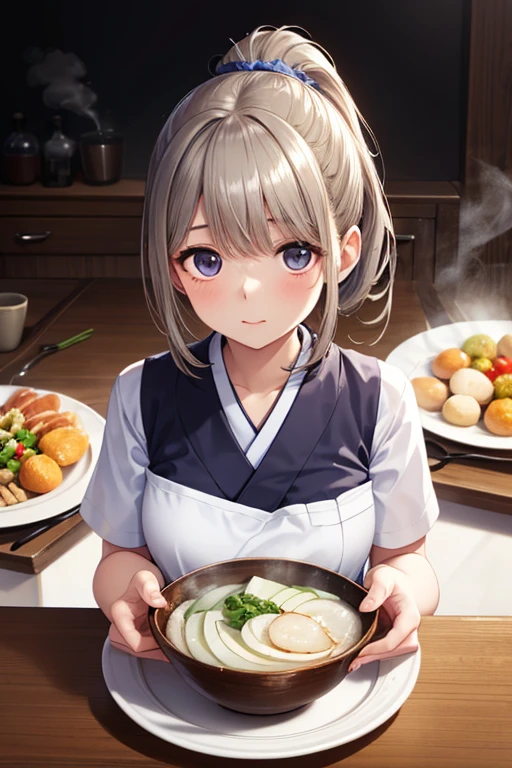 Of a cute anime. Her face is round. . her eyes were big , light green and slightly slanted. she is wearing a luxury sailor suit. her ponytail is braided. Her bangs are cut diagonally above her eyes. Her hair is shiny silver.. Her side ponytail has an amber colored scrunchie. wearing a white apron and dark purple kimono, and a white cloth wrapped around the head. There are silver dents and silver partitions at the oden stall, Staring inside each thick々, round slices of a disc-shaped daikon, , Hanpen , Konjac, etc.. everything is simmered in dark brown liquid. she holds out the plate from the counter on the other side of the audience seat. {x} inside the plate Round slices of daikon are simmered in a dark brown liquid. the outside of the round slices of daikon is amber. steam rising from the plate. angle from above, plate. The background is drawn in anime style.