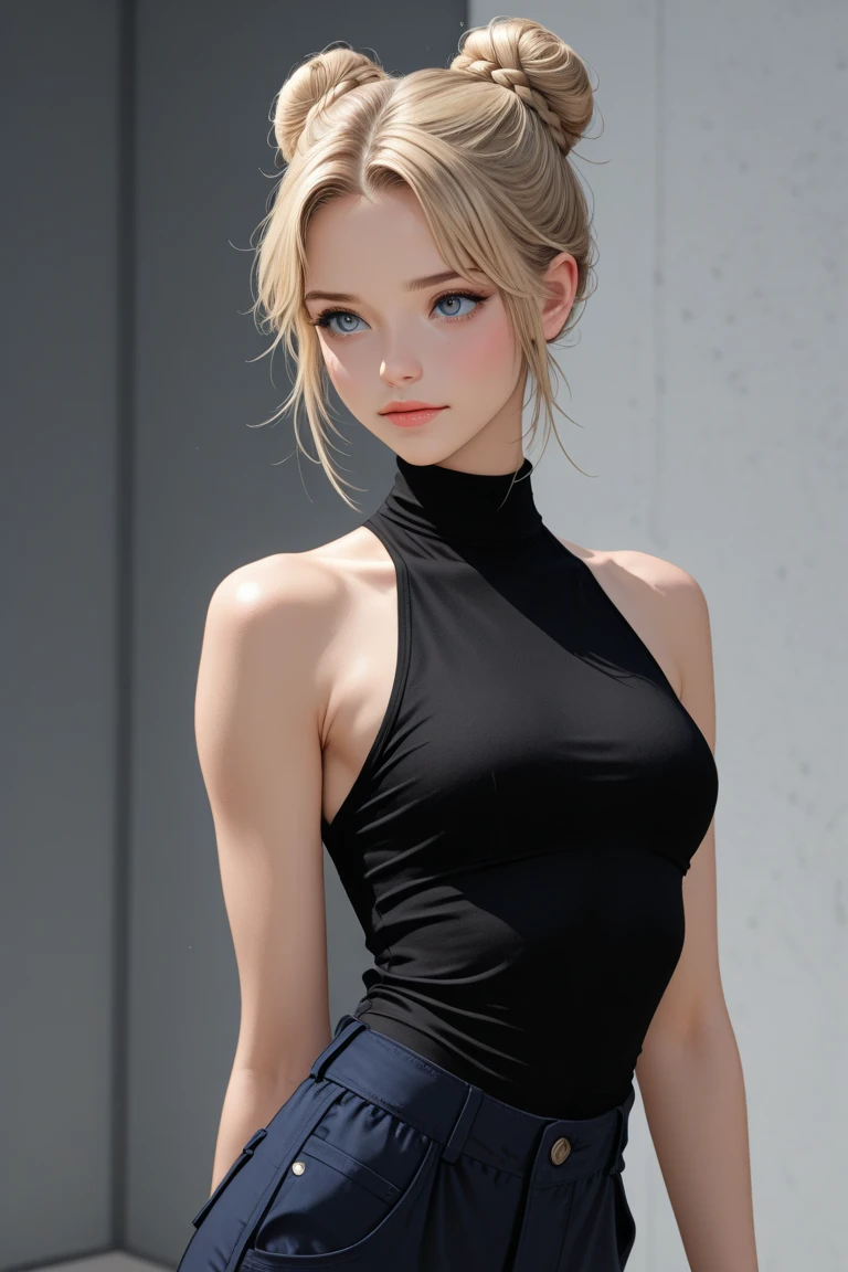blonde, pointy ears, green eyes, freckles, ((folded ponytail)), gloves, bare shoulders, thigh boots, black dress, halterneck thighs