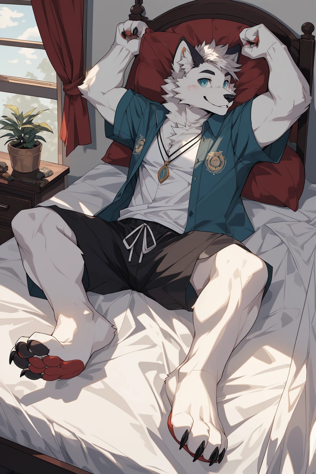 Solitary,Beast Fox, Short white hair, Vest, shorts, shirt, giggle, Lifeguard, Extreme details, masterpiece, Empty, High Detail, delicate eyes, Detailed hands, Full body pictures, Show your toes,Lying in bed,Top view