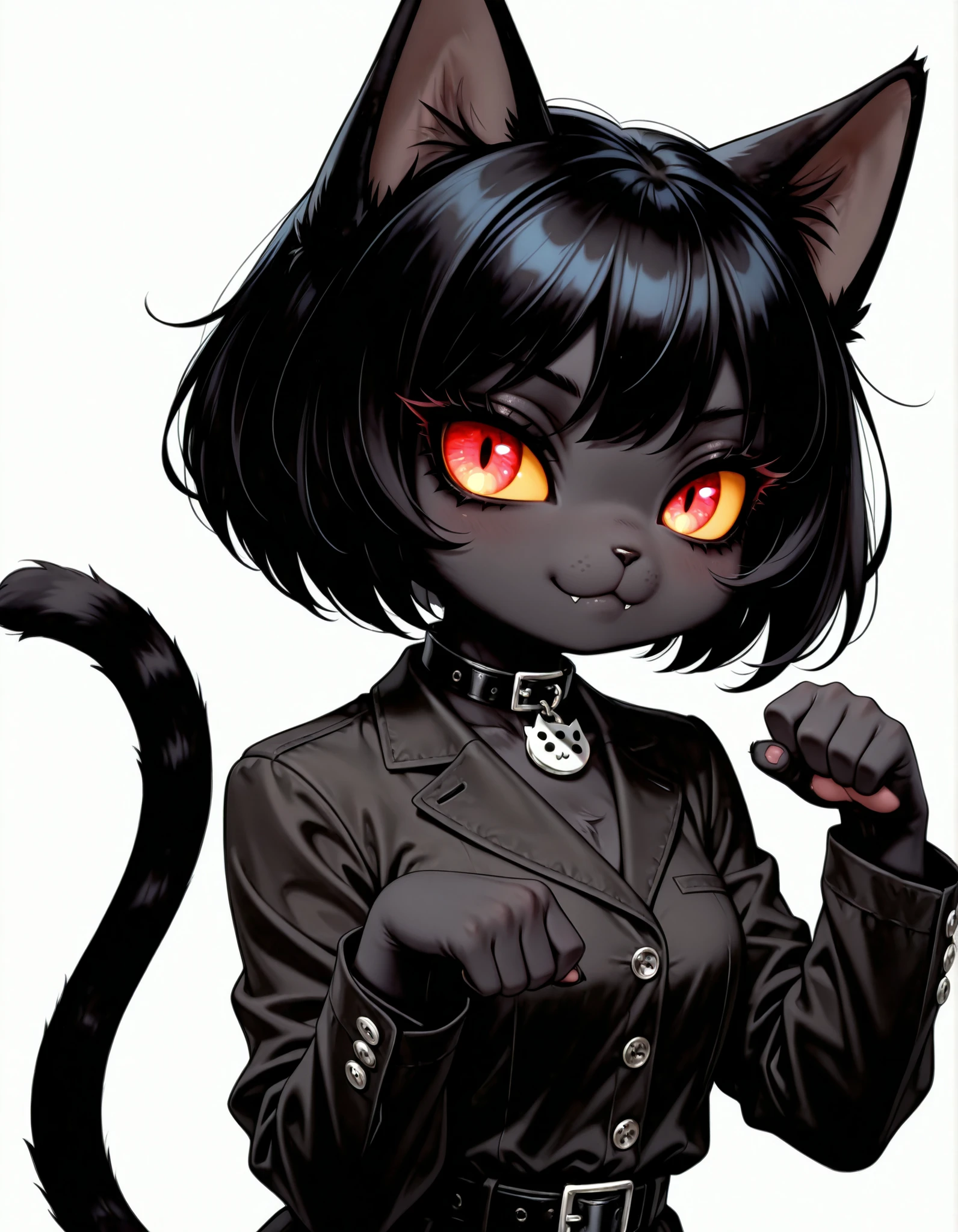masterpiece, best quality, very aesthetic, 1girl, solo, white background, looking at viewer, portrait, paw pose, :3, furry female, cat girl, animal ears, black hair, short hair, black skin, red eyes, cat tail, black jacket, buttons, long sleeves, black belt, collar, masterpiece, best quality,