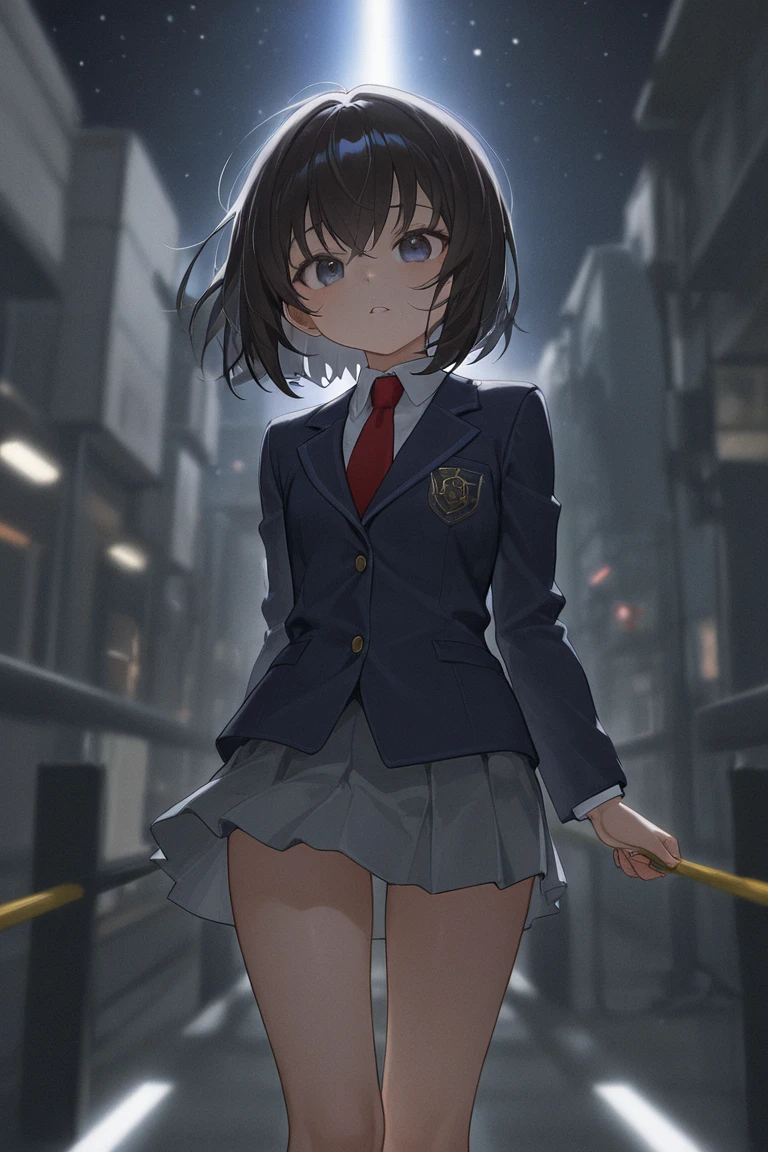 A female surveillance officer belonging to the Criminal Division 1 of the Public Security Bureau, navy blue tight skirt, navy blue jacket, white shirt, tie, police handgun holder on her waist, legs up on an abandoned pipe, ((lifts up her skirt)), (white panties), anime style,