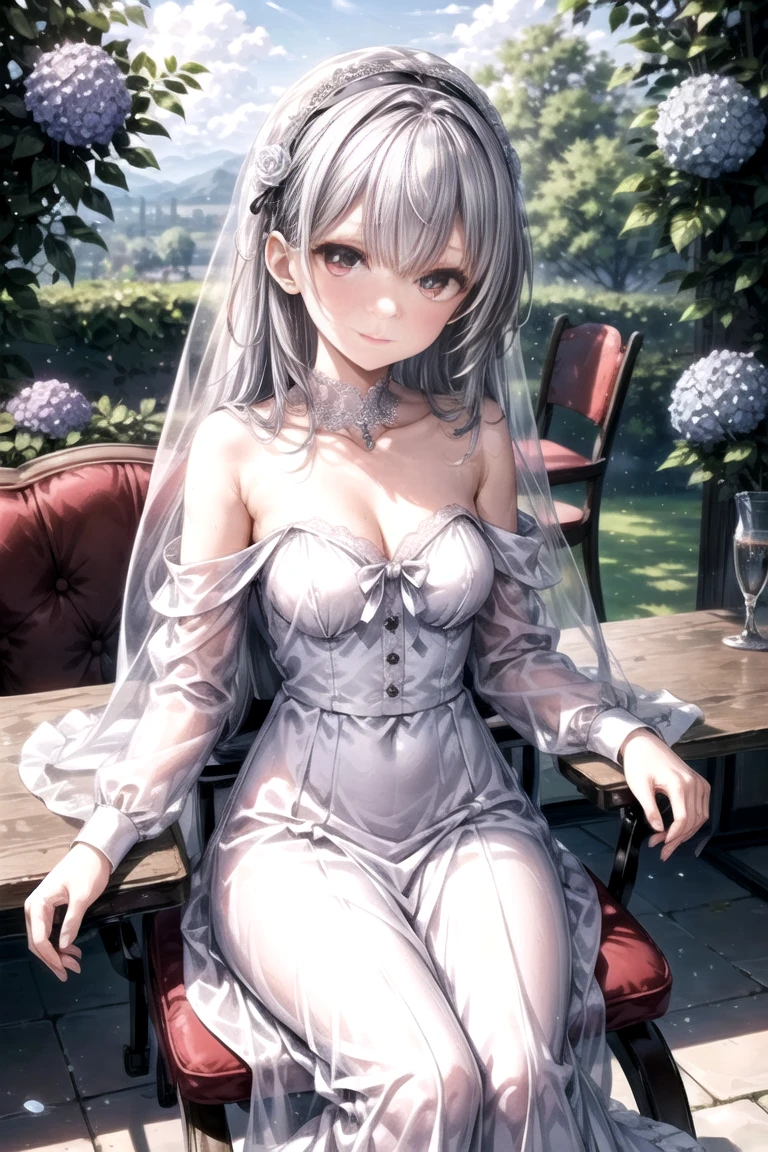 One girl, the most absurd, White medium hair, Detailed pupils, Pale pink eyes, Center parted hair, Small breasts, White Dress, garden, noon, blue sky, beautiful, Dramatic Light, Strong Shadows, Nice views, Depth of written boundary, Cinema Lighting, ((masterpiece)), Attention to detail, high quality, 最high quality, High resolution, Staring at the audience