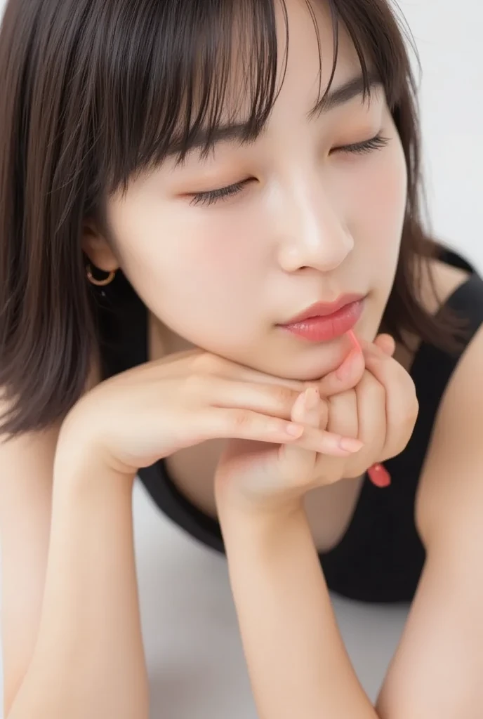 ultra-high-resolution, ultra-realistic close-up portrait of an adorably cute girl, from collarbone up, soft white studio background, perfect studio lighting, 35-degree top-down camera angle, head and body facing forward, chin tilted upward slightly as if stretching toward a kiss.
Eyes closed tightly with gentle expression, cheeks and ears deeply flushed, soft dreamy smile conveying longing and overflowing affection. Her lips are extremely emphasized—puckered tightly, deeply protruded, shaped into a small, perfect O, as if blowing a kiss or whistling. Glossy lips with intense highlights, focused along the rounded edge of the mouth, shimmering with moisture, strongly drawing attention. Skin is beautifully matte with transparent glow and peach fuzz detail, no makeup except hyper-glossy lips.
Both hands are hidden behind her back, body posture slightly leaning forward, with a bashful but desperate expression—dere-dere mood at its peak. Soft head tilt to enhance cuteness, facial contours subtly blurred to focus attention on the lips. Hair in a stylish half-up modern cut, softly flowing and catching soft light. She wears a sheer black camisole with visible straps adding a gentle sensuality without breaking purity.
Ultra-cute, idol-like presence, expression filled with pure affection and craving, gently radiant skin with translucent texture. Entire scene emits a dazzling cuteness and natural intimacy, with photo-like realism, invoking the urge to reach out and kiss.