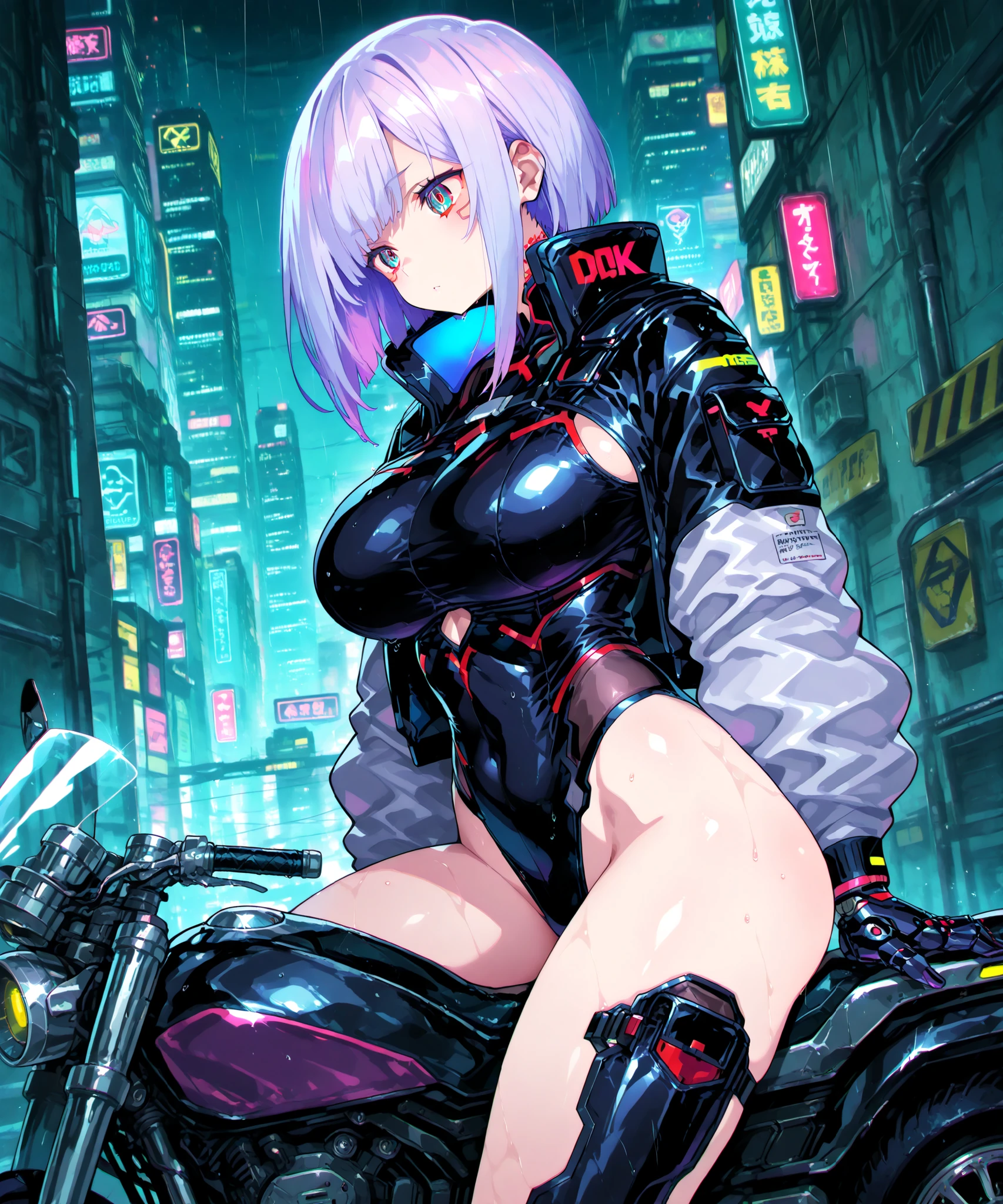 cyberpunk (masterpiece, best quality:1.2 a girl, Solo purple hair, big breast, wear a cyberpunk suit rides a futuristic cyber-robot-motorcycle through a rainy cyberpunk city.
