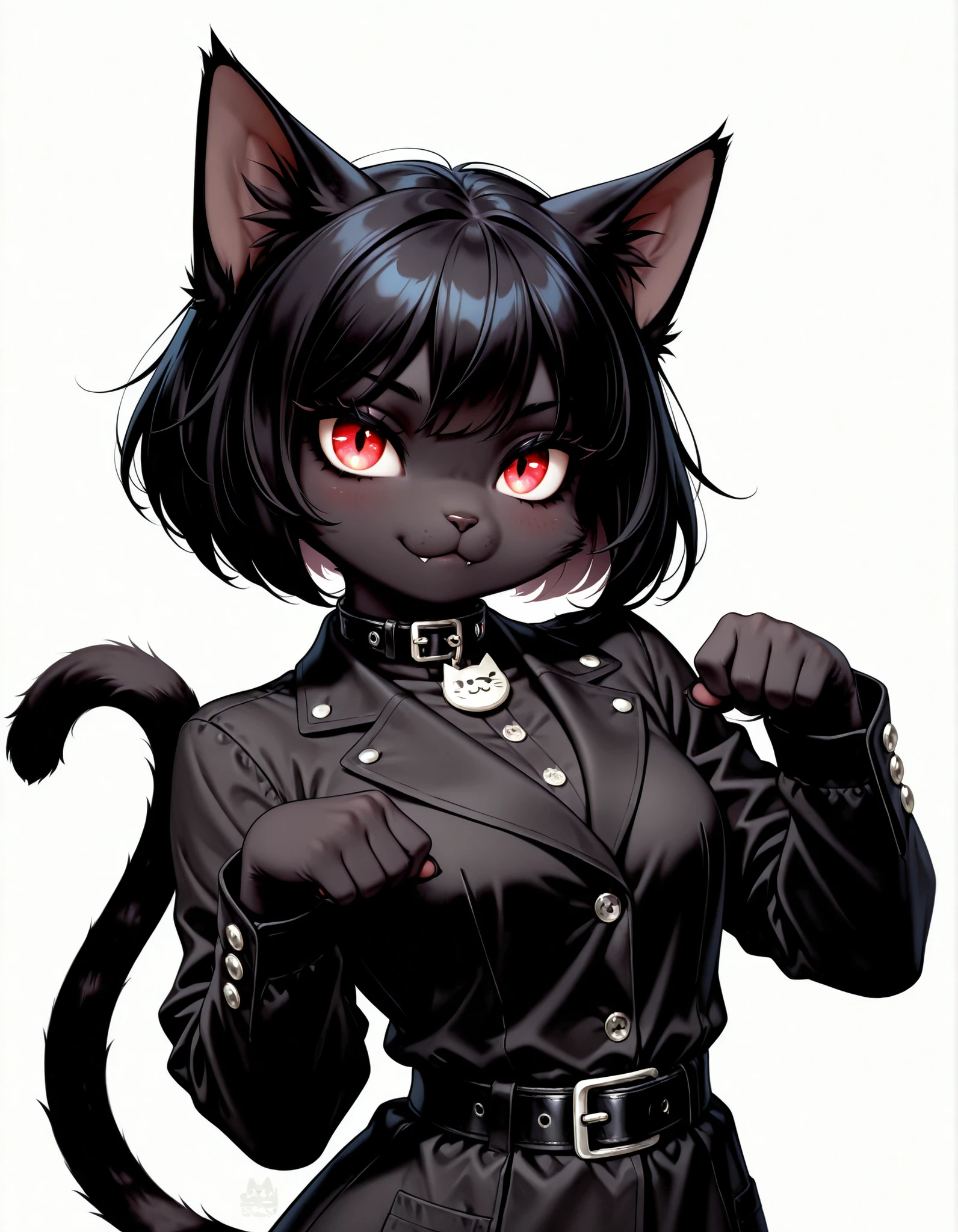 masterpiece, best quality, very aesthetic, 1girl, solo, white background, looking at viewer, portrait, paw pose, :3, furry female, cat girl, animal ears, black hair, short hair, black skin, red eyes, cat tail, black jacket, buttons, long sleeves, black belt, collar, masterpiece, best quality,