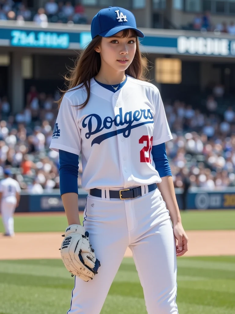 ((Highest quality)), ((masterpiece)), (detailed), One girl, 20-year-old、Beauty、Beautiful face、Cute face、20-year-old、big bretht、Emphasize cleavage、Baseball uniform、Dodgers、Number 17