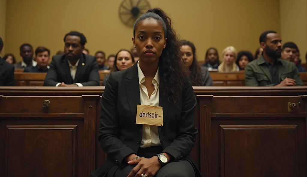 image of a girl with brown skin and medium curly black hair with blonde tips, sitting at a bead accessories production table, with a black blazer and a white blouse and bead necklaces and bracelets