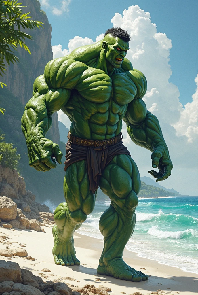 (photorealism:1.2), male orc, standing on beach, nude, green skin, realistic, intricate details, warm colors, muscular, erect penis