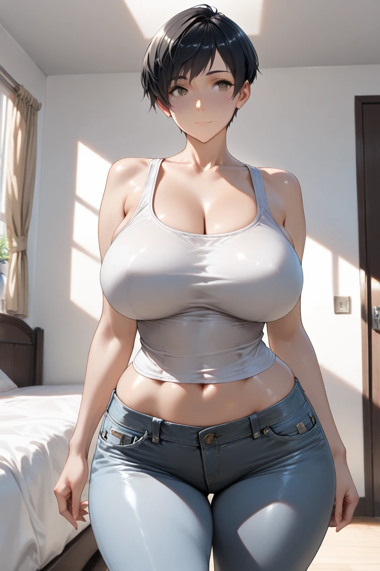 ((((masterpiece, best quality, high resolution)))), Extremely detailed 8K, Beautiful girl with slender body, (Ultra HD, Ultra-detailed, Highly detailed, Highly realistic, Ultra-realistic, photograph realistic), (1girl:1.5), (Realistic dark hair), short wavy hair, bob cut, (dynamic poses), facing at camera, light smile, (beautiful detailed face, beautiful detailed eyes), wide hips, (large breasts: 1.2), (huge breasts: 1.2), earrings, (white tank top, thin material), cleavage, dark jean shorts, glow, sweat, (sunbeam, sunlight)