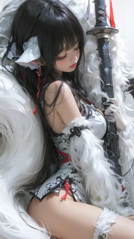 Best quality ,Masterpiece,Ultra High Res,(Photo Realistic:1.4), 1 girl, Photo quality, overall live-action, girl with long black hair sitting on a rock, from Arc Knights, Pixiv Style, Arc Knights, Azure Lane characters, (((left half is black))), ((Right half is gray)))), ( Black sheer stockings), black super mini tight dress, long hair, cute face, beautiful girl