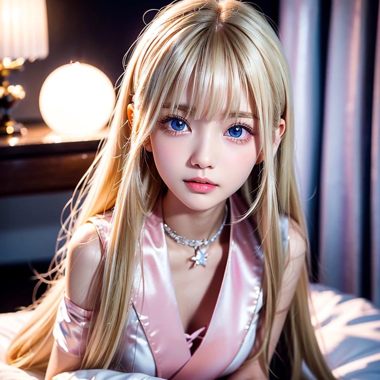 NSFW, 8k, High-level, absurd, masterpiece, best quality, primitive, very detailed CG, very detailed wallpaper, perfect lighting, Extremely detailed (((The personifying " Farrah Fawcett Majors " as a Little Girl))), MysticSight, Tyndall effect, Tyndall scattering, (Studio gray background with (Overflowing oodles Dazzling RainbowColorParticles (BokeH))), (RoundlyButts, ThighGap), (Exposed:0.4), (Assfocus with looking ahead), BREAK (NOGIZAKA face variations) Extremely Detailed very KAWAII face variations, perfect anatomy, Childish, captivating gaze, elaborate detailed Eyes with (sparkling highlights:1.28), long eyelashes、Glossy RED Lips with beautiful details, Coquettish tongue, Rosy cheeks, Radiant PearlSkin with clear transparency . { (Dynamic LifeLike expressions:1.4) | :d) }, (large eyes:-1) .