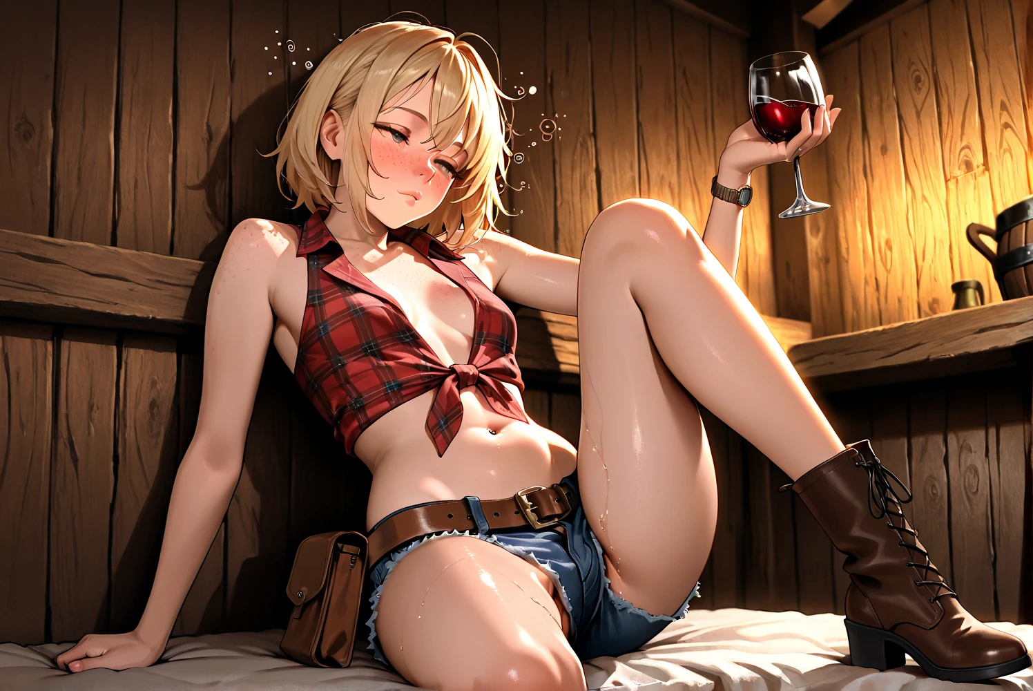 (((One girl:2.0))),(((NSFW:1.5))),((Nude:1.5))),(((naked:2.0))),(((Slim body:1.5))),(((Put a gun belt around your waist and put a gold pistol in a holster:1.8))),,((Wear a wrist watch:1.5))),(((Showing cleavage))),(((Exposed thin inner thighs))),(((Small breasts:1.5))),(((nakedの腕))),(((Wearing boots:1.5))),((Blushed face:1.9)), Beautiful detailed girl, Very detailed目と顔, 緻密でBeautiful Eyes, Very detailed, High resolution, Highest quality, masterpiece, Very detailed, 8k wallpaper, wonderful, finely, Highest quality,(Standing in front of a wooden wall),Beautiful Eyes,((Engage your audience:1.2)),((Cowboy Shot:1.5))),((Full Body Shot:1.8)),((Put your right hand on your chest:1.5)),((Drinking whiskey:1.4)),(((Drunk,Strong hiccups:1.8))),(((Are standing:1.2))),(((Crying face:1.0)))