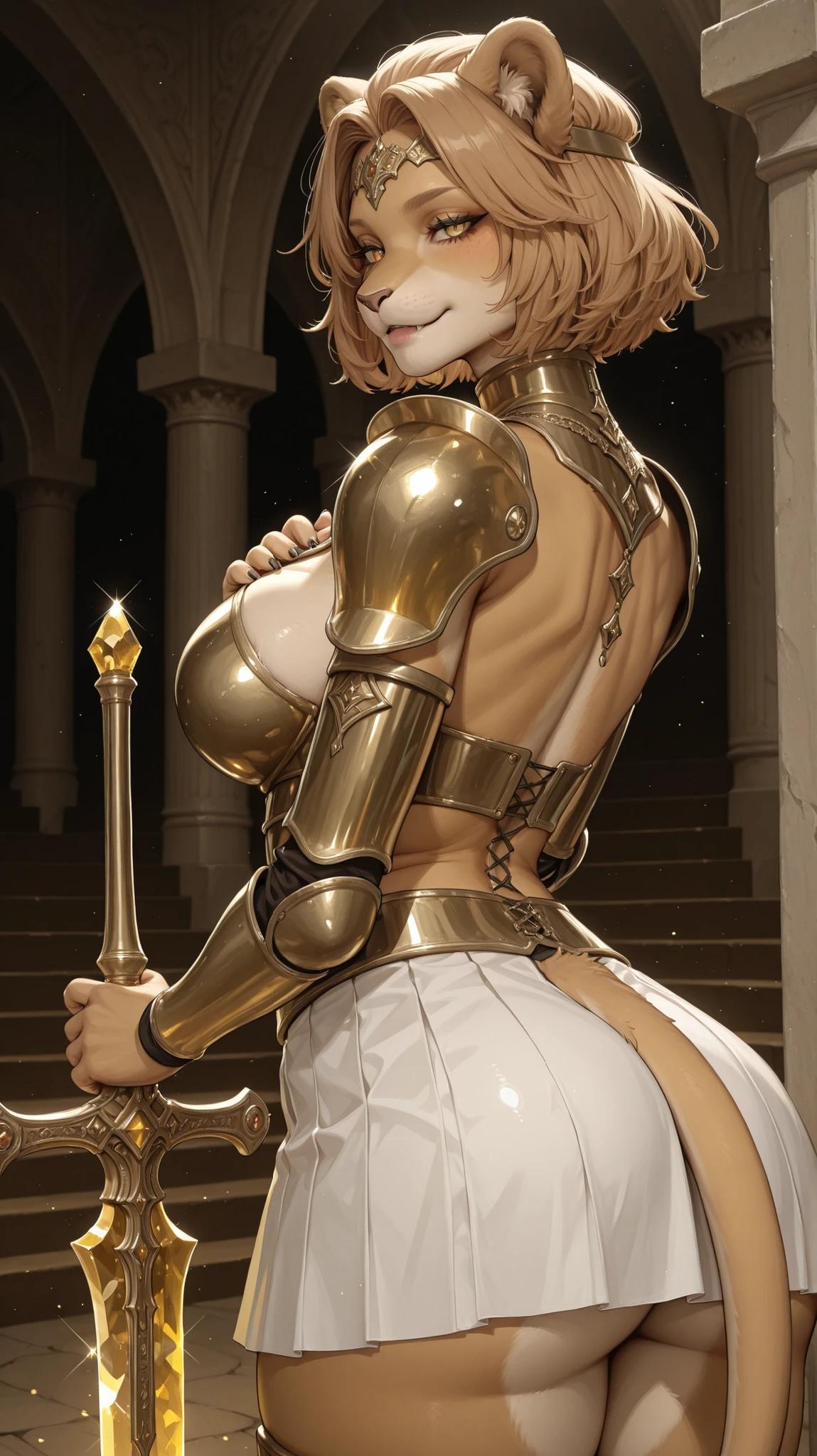 A Female Lion furry,SOLO,Perfect body,large chest,Brown short hair,Yellow eyes,Wearing a Gold Knight Heavy Armor,white short skirt,(Shoulder armors),(Her One Hand Holding A Gold Crystal Sword with Ruby,The Other Hand on Her own Chest),Gold headband,Seductive smile,standing position,In the Arena,Cowboy Shot,UHD, anatomically correct, masterpiece, textured skin, high details, absurdres, highres, 1080P, 16k, accurate,((from back)),Look at the viewer,