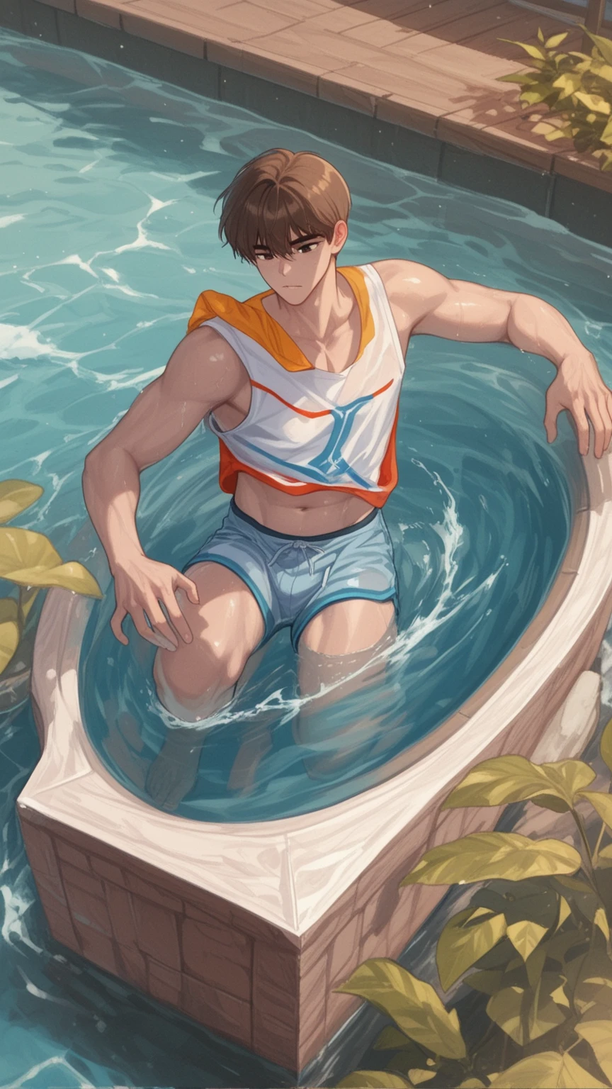 there is a man taking a bath with ducks in the tub, topless, bathhouse, puffy breast, topless :: high detail, rubber ducky, japanese bathhouse, rubber duck, Highest rated on pixiv, bath, shallow, bubble bath, bare chest, Perfect body, author:Nobusada Yanagawa, male art, pixiv daily ranking