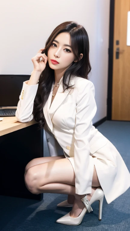 (masterpiece:1.2),(8K high quality), (highest quality), (reality), (that'realistic:1.37), Big eyes,Precise action and realistic style),ultimate face,realistic光と影,, high detail skin,reality skin details,(Super detailed),straight long hair, ,((Full body photo shoot)),((少し離れたところからFull body photo shoot)), Only one woman in her 30s, cute type , (realism: 1.4),(beautiful face 1.4),thin, (In office lady appearance'blouse and skirt:1.2),((at the company office)),medium hair,,((In office lady appearance suit and short skirt)),very beautiful legs,(((squat))),((smile at the audience)),,very charming smile,,((Wearing a suit jacket and shirt blouse)),(spread your legs), I like to show my crotch to my viewers, I'm wearing white pants, (squat down, Very beautiful legs, Suit jacket color is random, squat, (足を最大限に広げてsquat down, My job is to show the audience my crotch.., You can see the panties when you squat down), spread your legs 180 degrees, very beautiful thighs