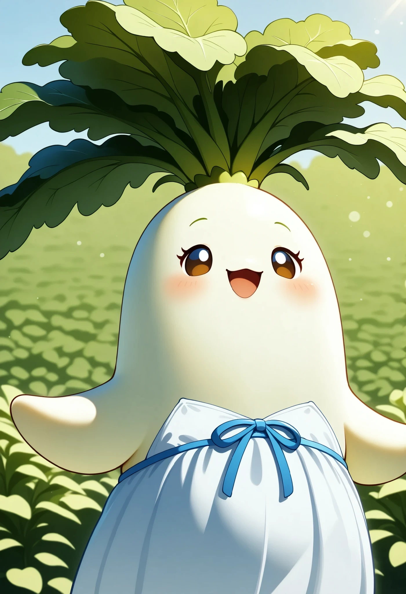 Daikon Girl, cute daikon anthropomorphic character, DAIKON、cute appearance,huge daikon body,White Dress,Ribbon Accessory,Female figure,A big smile,graceful standing posture,vegetable garden background,the sunlight is soft,4K Hi-Res,realistic texture,animated portrait,digital illustration,delicate shade,cute pastel color,elegant bokeh atmosphere