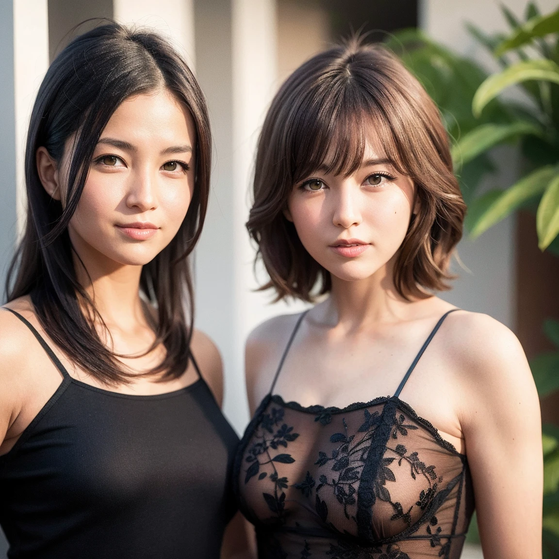 masterpiece、8K、32K、top-quality、(A detailed eye)、(A cute Japanese woman)、23years old、1 girl in、elegent、(Detailed background depiction)、Tank Top, BREAK (cargo shorts:1.3)、Japan alley、is standing、Sunlight、during daytime、smile、(cowboy shot),(braless:1.3),(slender body:1.5),(Brown short wavy pixie hair over one eye:1.3),cleavage,Glasses,