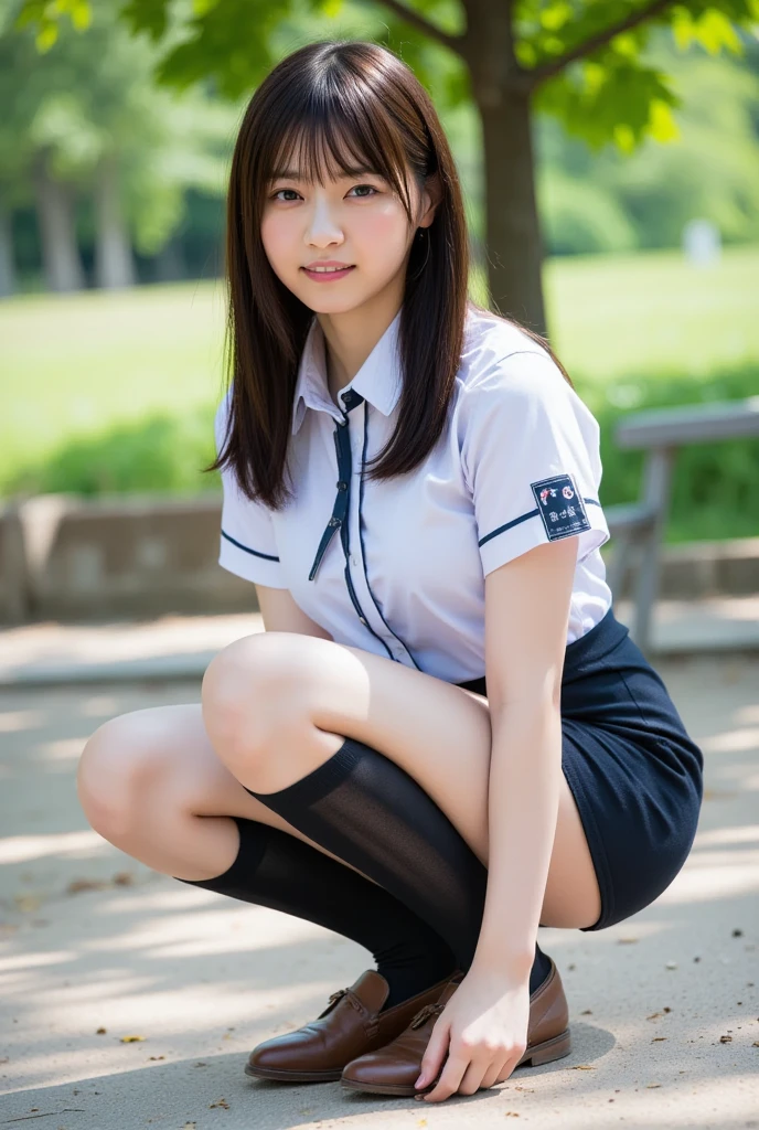 Pure Japanese school girl, outstanding body, beautiful legs, wearing uniform, panty, ponytail, sweet smile, sitting, refreshing in early summer, composition from the front, 