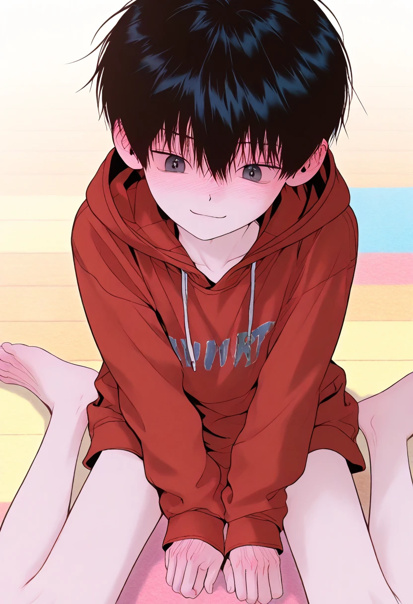 Shota, black hair with white tips. Messy, shoulder-length hair. Pure black eyes. face . Cheeks, red nose and ears. pale skin color. facial expression: Panic eyes. tears. mouth half open. Fleshy and pink lips. arms, legs, body, little ones. CLOTHES: Just a big baggy shirt and nothing more.. pose: sitting on a lap being held by the hips and trying to remove his hands from his hips. perspective: perspective del chico que le agarra las caderas.