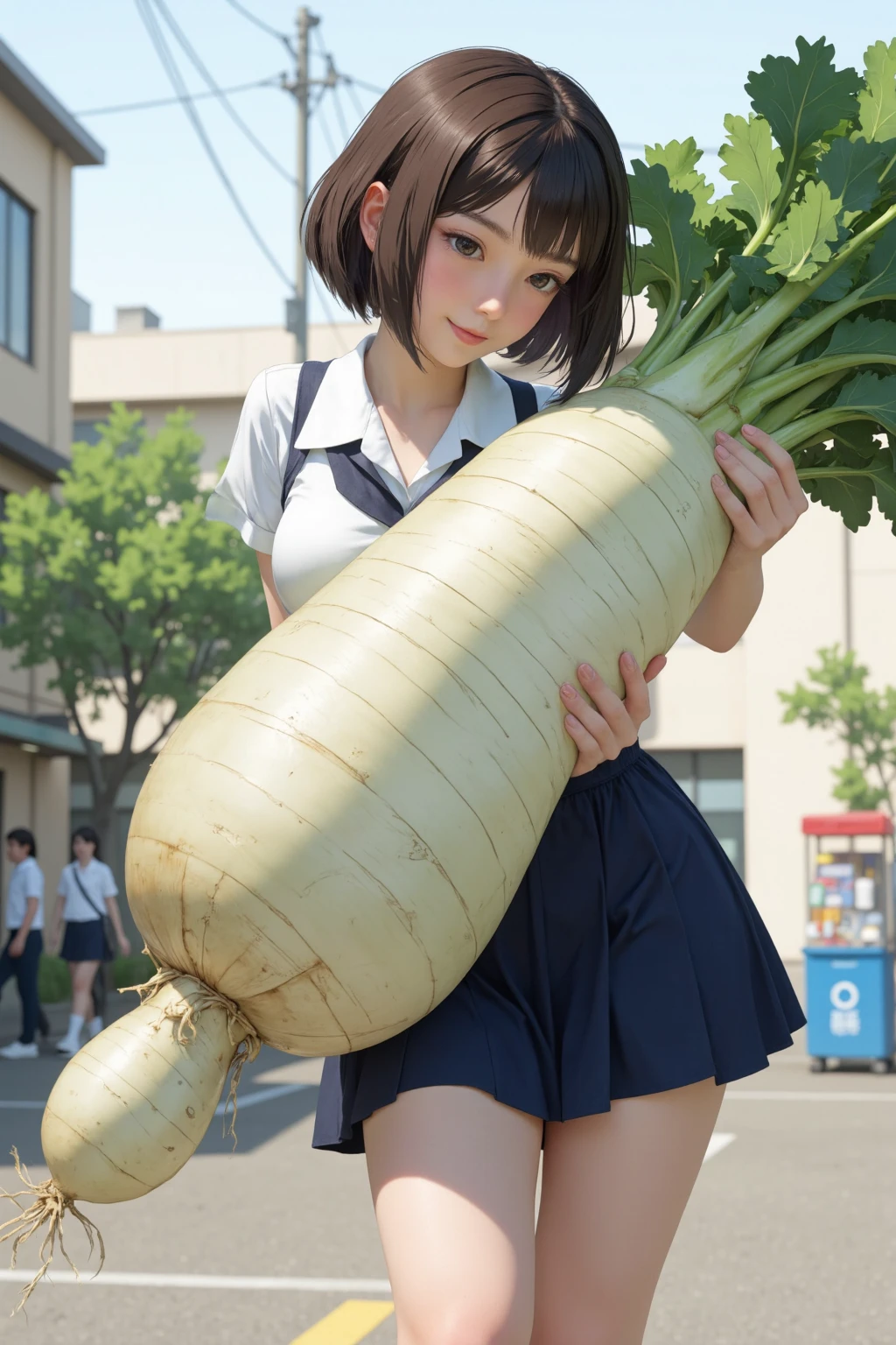 A high school girl with a huge futanari erection and no panties urinates on the stairs、Anal zucchini masturbation with a smile and massive in ecstasy