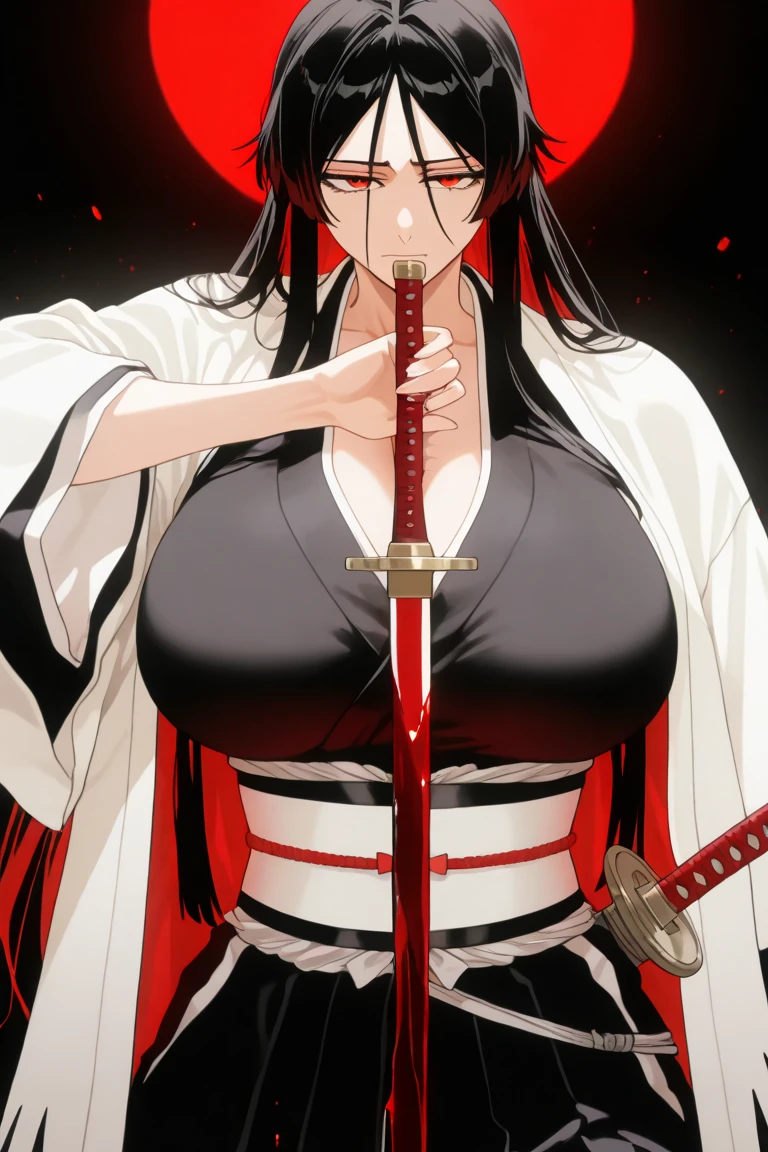 Solo,cleavage, haori, thick thighs, outstanding details, blood,big breasts ,moon, kimono, parted lips, katana,scar on chest,standing,