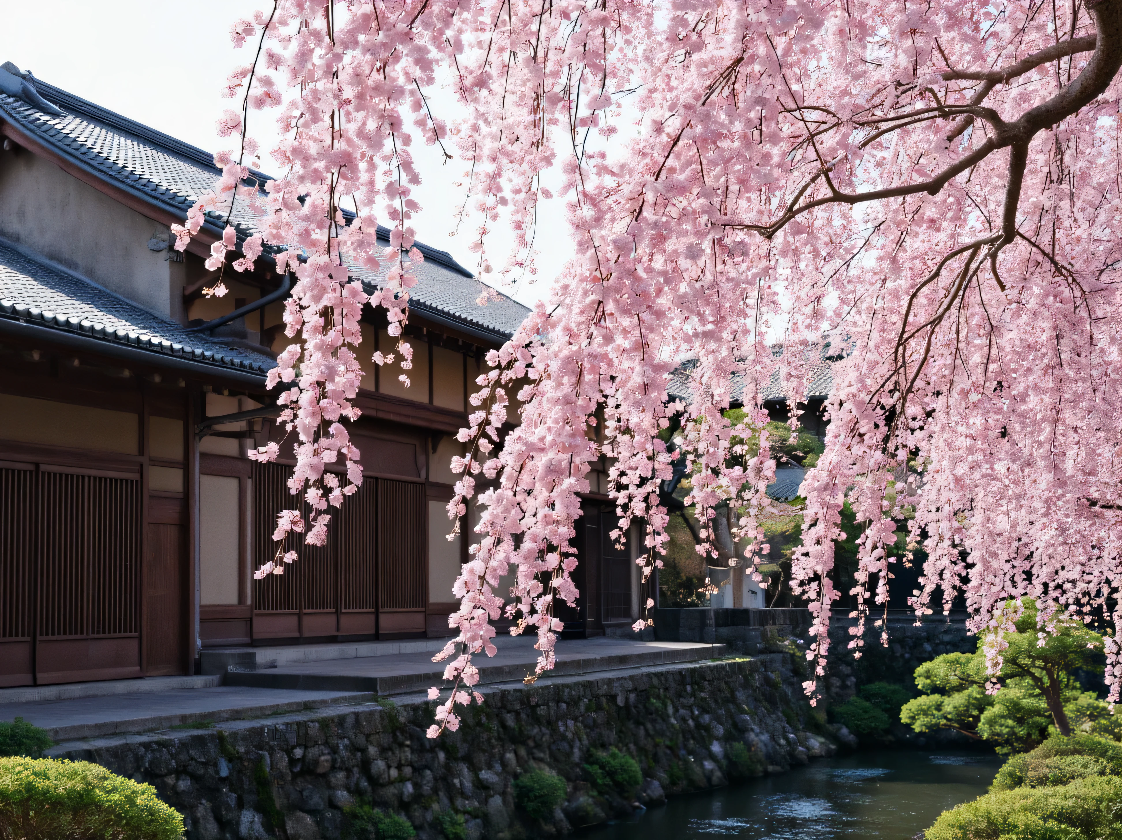 spring、Weeping cherry blossoms 、Kyoto Machiya、colorful、art work、Japanese landscape painting、tranquility、Seasonal Feeling、realistic 35mm photo