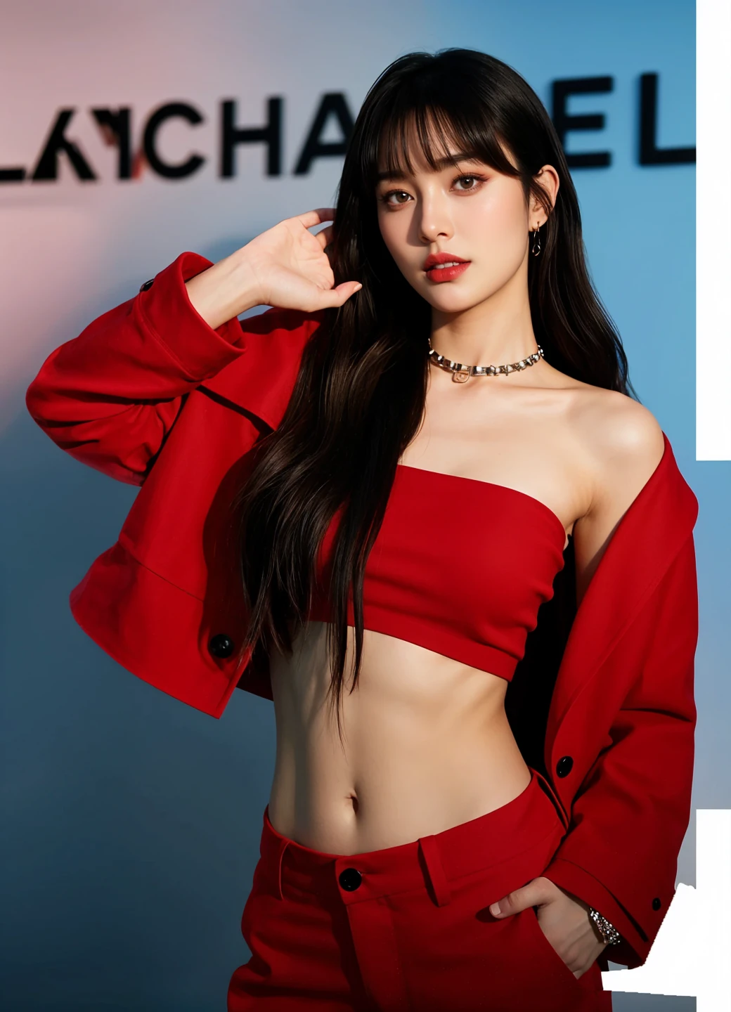(tmasterpiece),(best qualtiy:1.0),(超高分辨率:1.0),A detailed illustration,8k,anime,1girll,beuaty girl,wearing red jacket,White crop top top,red short,posing on a,Nice face,详细的脸,beautidful eyes,Detailed eyes,dark red eye,Bright red lips,Red lipstick,Beautiful and stylish hair,highlights in hair,best qualtiy,with dynamism