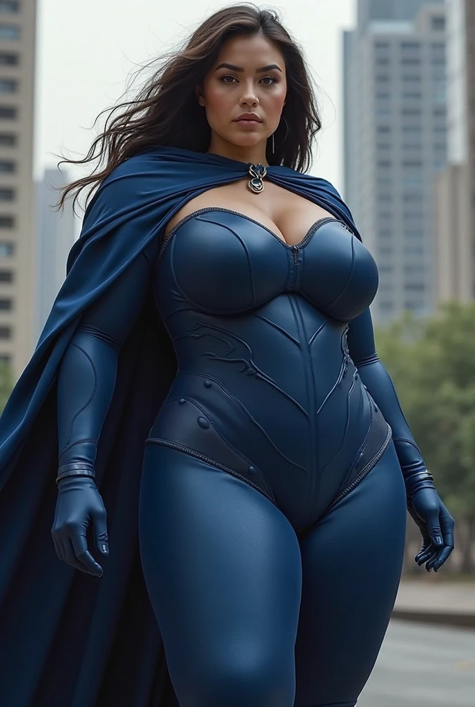 Gorgeous and sultry busty athletic (thin) brunette with sharp facial features wearing a white and gold superhero leotard, dark blue cape, gloves, thigh-high boots. Standing, city street. Muscle.