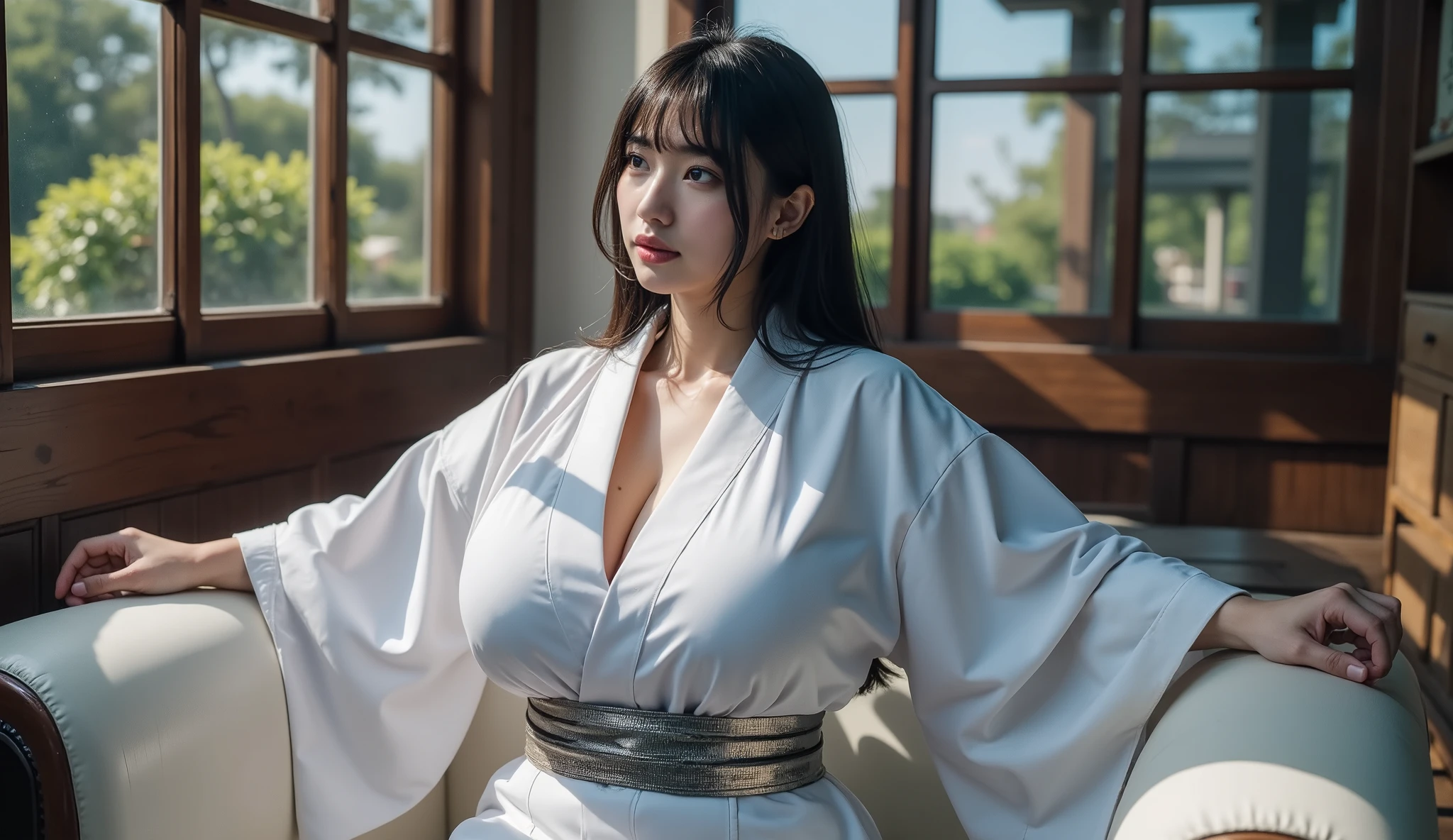 Panda, beautiful girl, black mix white hair, big breasts, wearing a bare-chested kimono, sexy post, in the paradise.