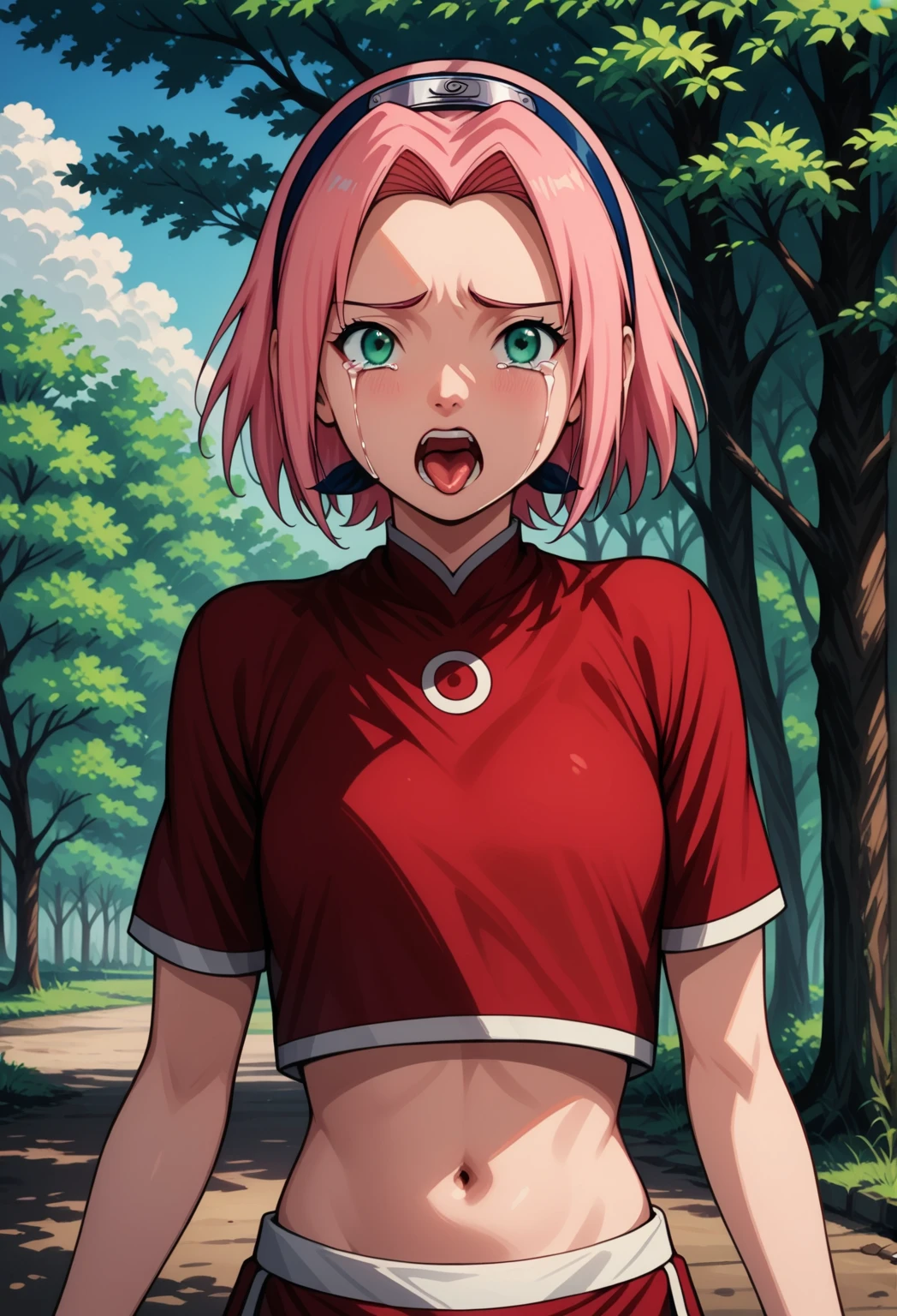 hands covering face, hands covering eyes, closeup on face, (closed eyes, angry smiling:1.4), freckles, full face blush, cleavage, 1girl, solo, cowboy shot, sakura haruno, BREAK, green eyes, hairband, short hair, pink hair, huge breasts, straight hair, bare shoulders, black gloves, forehead protector, gloves, elbow sleeve, konohagakure symbol, ninja, red shirt, shirt, sleeveless, sleeveless shirt, open zipper, overskirt, tight bike shorts, cameltoe, black shorts, leaning on a tree, forest, BREAK, <lora:sakuraharunotest:1>, <lora:SakuraNS:1>, bukkake on hair, <lora:bukkake_v0.4:1.5>, <lora:dazed_af:0.5>, cum in hair,