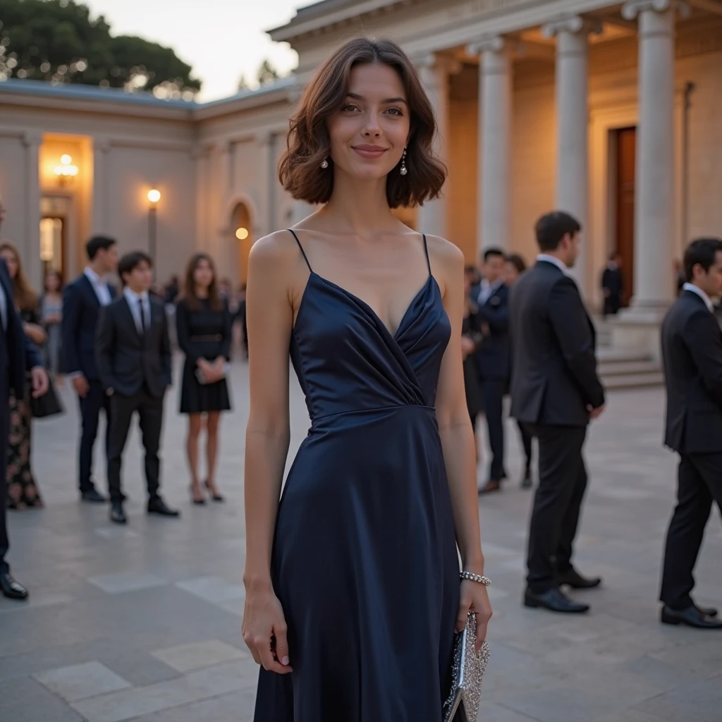 european woman dressed in a elegant tight dress in front of a neoclassical building in the style of Petra