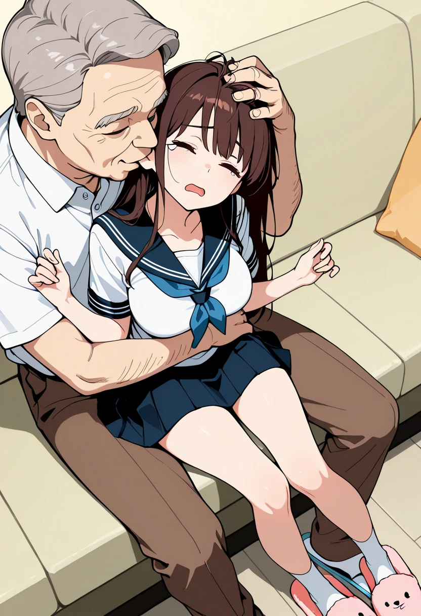 (nsfw:1.2),((One girl, 1 Elderly)), (Skirt flip:1.4), ((Old man grabs woman&#39;s waist)), The old man laughs evilly, Huge breasts:1.7, Anime cel painting style, Highest quality, High resolution, Huge breasts:1.8, good, High leg panties,blue eyes, Purple Hair, bangs, Side Ponytail, hair ornaments, Embarrassing, fear, blush, View Viewer, whole body、(((Completely naked:1.8)))、He is moving his hands violently to his crotch