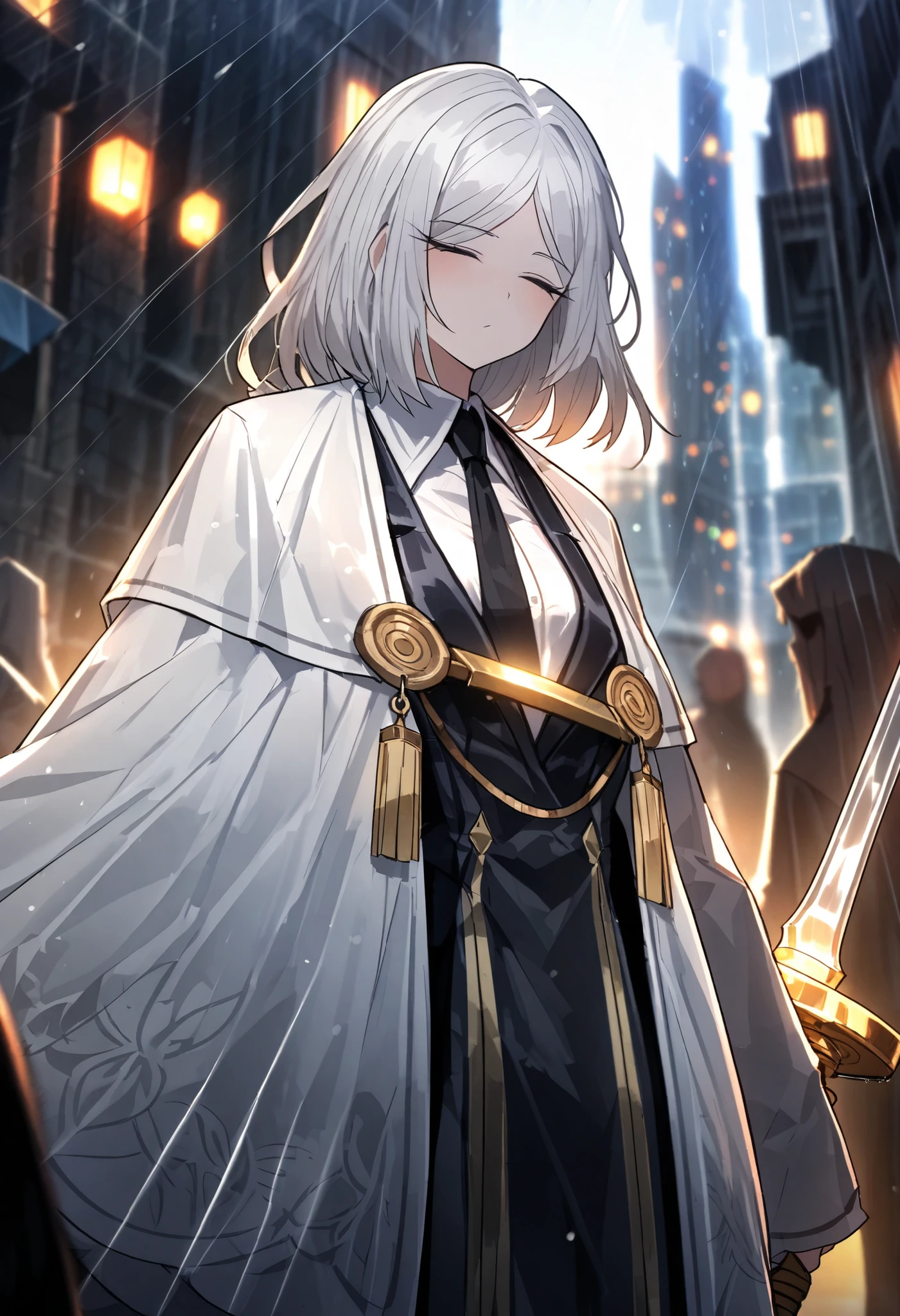 1 person, girl, womanhood, Silver Hair, unruly hair, bangs, index finger messenger costume, black tie, white shirt, blazer ,White cloak, Close your eyes, Closeup, solo, high resolution, Masterpiece, detailed, outdoor,rain,loose fit costume, Leisure ,Faceless, ((ProjectMoon)), Standing with sword,White long sword with light gold decoration,steam style long sword