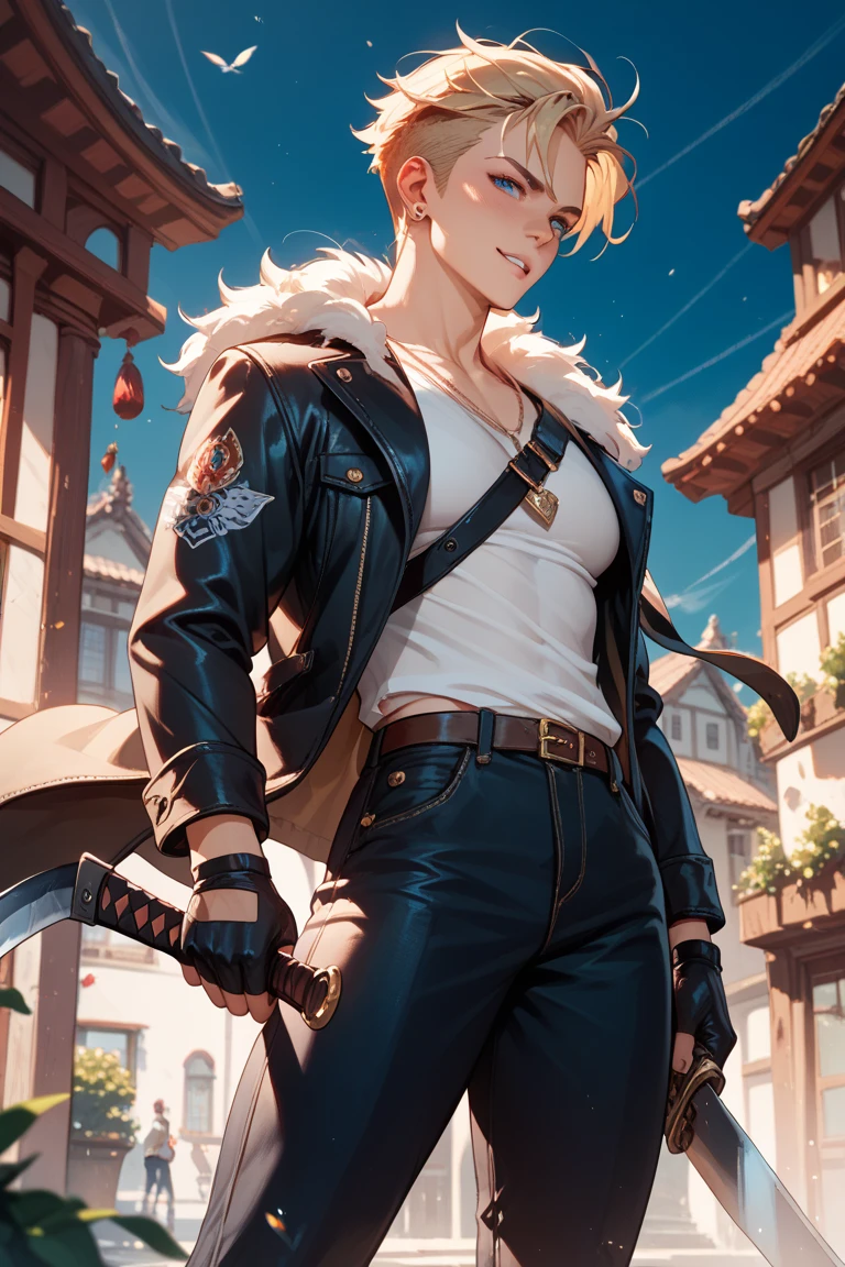 digital painting, (full body:1.2), 1boy, man, bishounen, solo, [:fantastical costume design,:0.2] thief, vivid saddlebrown (runed studded leather chestplate:1), korean, antiquewhite hair, (solid:1) build, Floating Islands<lora:EnvyStarlightBeauty12:1.25>