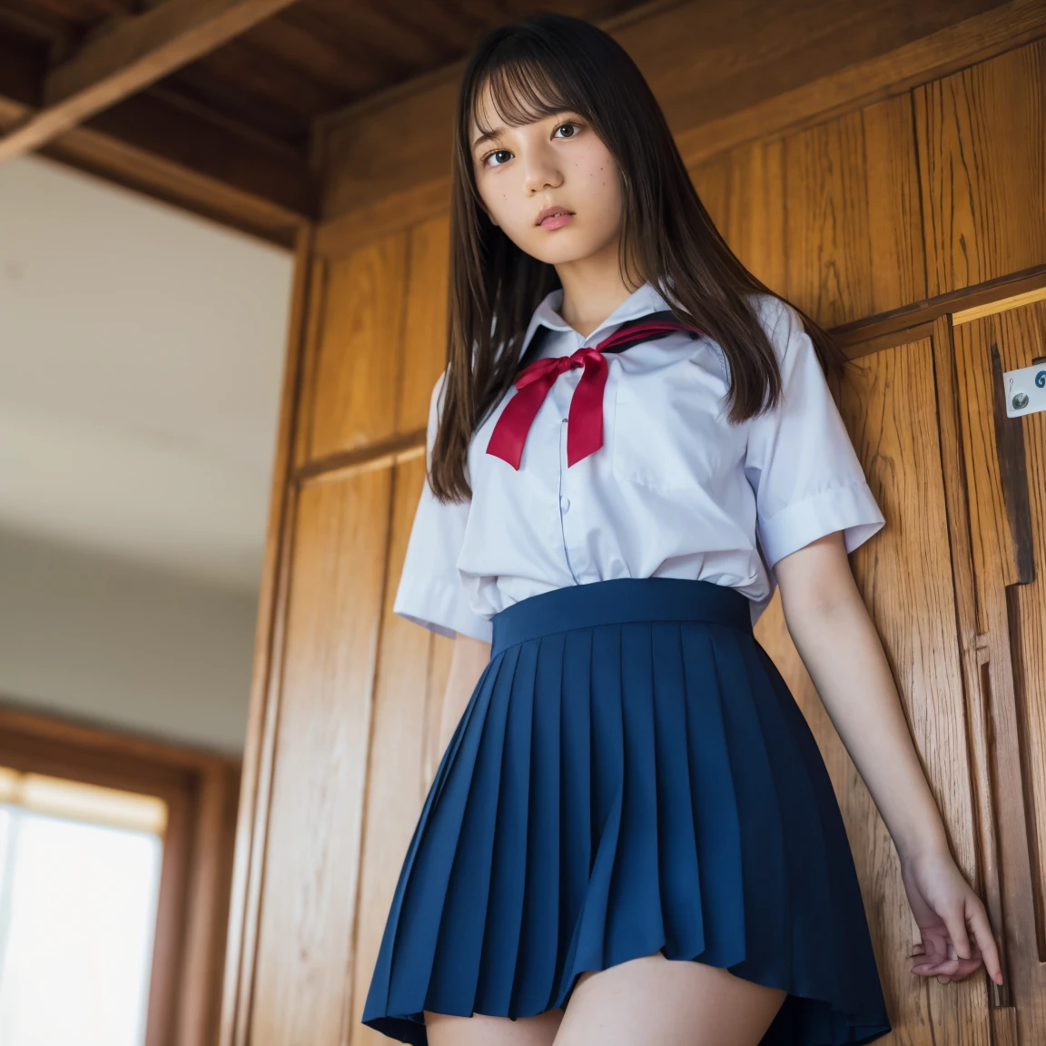 8K, RAW portrait of、 (Women in Japan),​masterpiece、Photorealsitic:1.photos realistic, 超A high resolution, Best Quality, Real life photography ,( At night ),
1womanl,(( deep in the night、A girl lifts up her skirt and shows off her panties in the bedroom)),((Realistic Japan schoolgirl))、((School uniform、Plaid pleated skirt、a bow tie))、inside in room、
Big beautiful detailed eyes, Black hair,(depth of fields:1.3),、((Disheveled clothes))、 ((dark-brown eyes:1.5))、(Authentic skin texture)、(Immersive atmosphere:0.8、Chiaroscuro:1.2) 、(looking at viewert)、Looking at the camera、Look at viewers、((embarrassed from:1.3))、A smile:0.3、((Reddened cheeks:1.3))、((Ceiling from below:1.2))、(Body facing the camera)、((up skirt))、((Woman Pulling Up Her Skirt))、(((Angle of view from below:1.8)))、(((Close-up in the crotch:2.1)))、((pantie shot))、((Very small silk panties:1.3))、((Spread your legs to the sides:1.2))