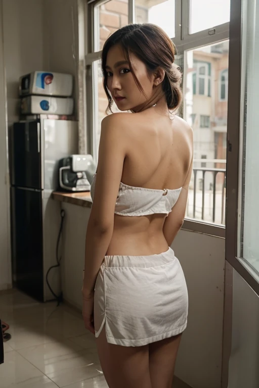 Indonesian woman, white skin, 30 years old, black hair, thick messy hair bun, minimal make-up, natural skin, hyper realistic skin, full body photograph, medium size breast, hard nipple, pokies, naturally bouncing breast, simple necklace, wearing revealing delicate bathrobes , back view, view from the back, pov hugging from the back