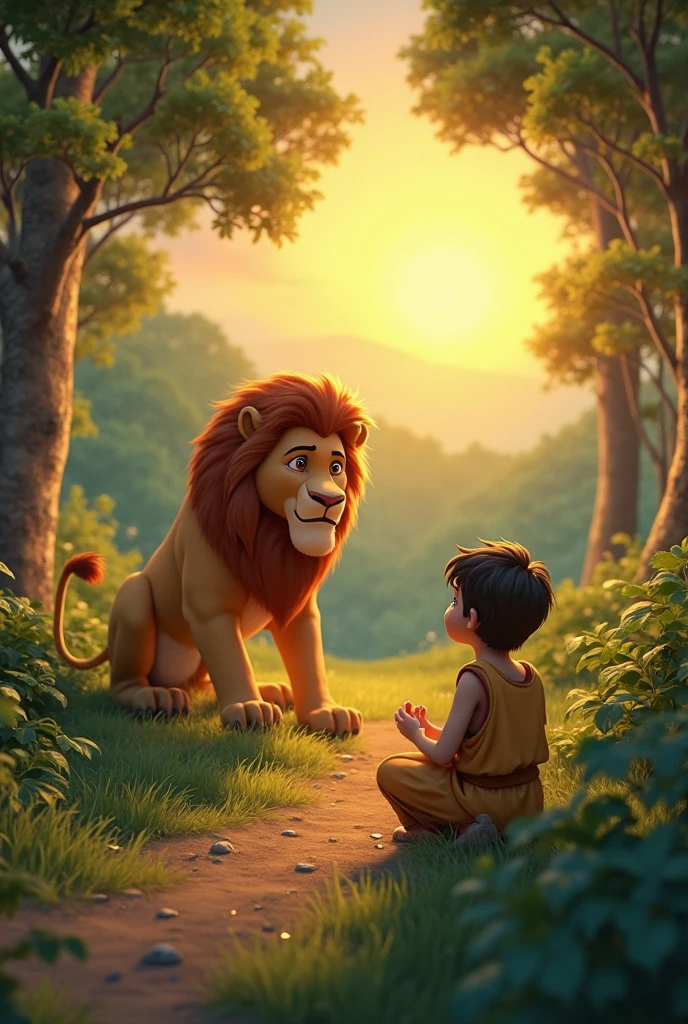 A boy with lion in jungle Around some other animal