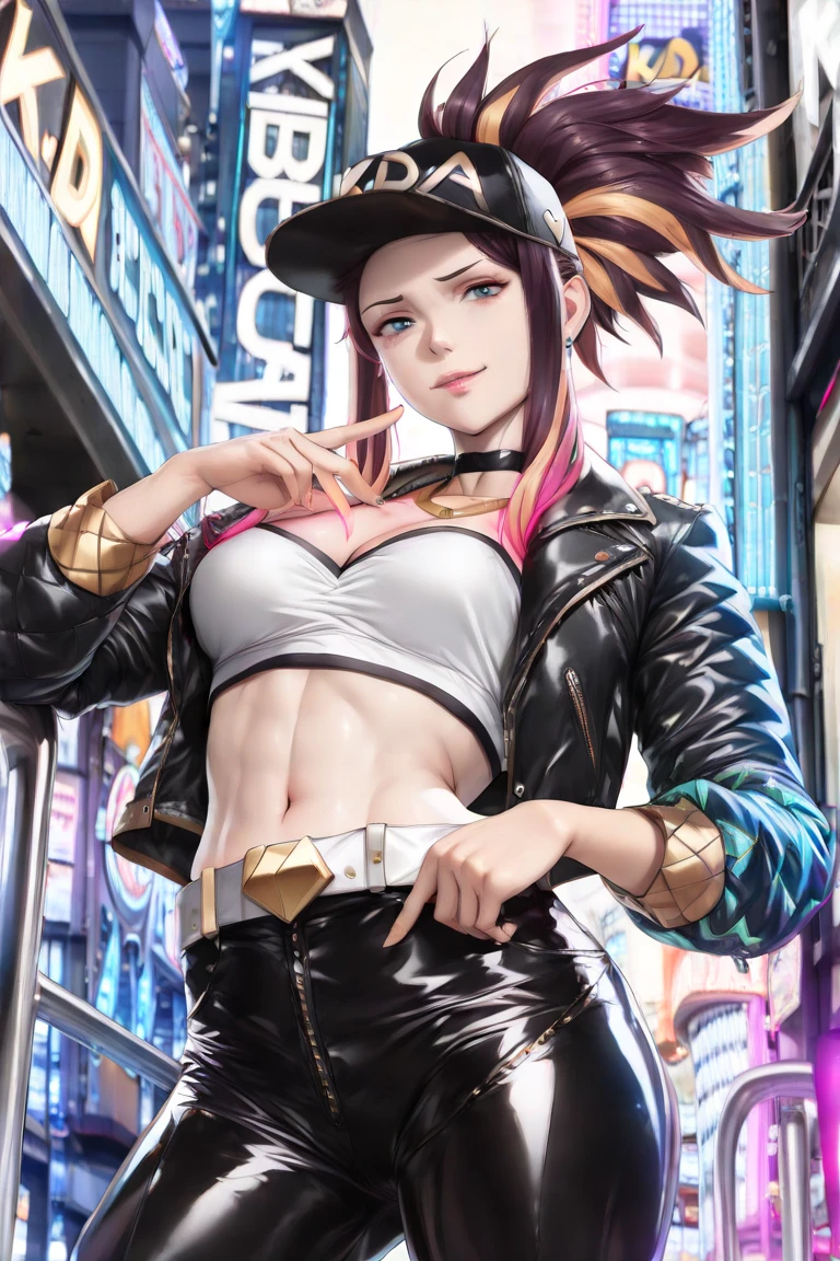 (((best qualityer))), (((absurdres))), (((1girl))), (((Urban girl))), (((malicious smile))), a beautiful and sexy girl with multi-colored hair wearing ultra modern clothes with kanjis printed on her nylon jacket with diamond-shaped stitching, (((slim with fitness body))), bright and contrasting colors, Hip-hop style low-waisted wide-leg pants with panty straps showing, stylish Beanies with vertical seams, Brand logo, hip-hop gold neck chains, padlock, buttons with Japanese art, multi colored hair and futuristic modern cut, with your hand in your pocket, in the background buildings and walls with colorful graffiti, under boob, neckleace
