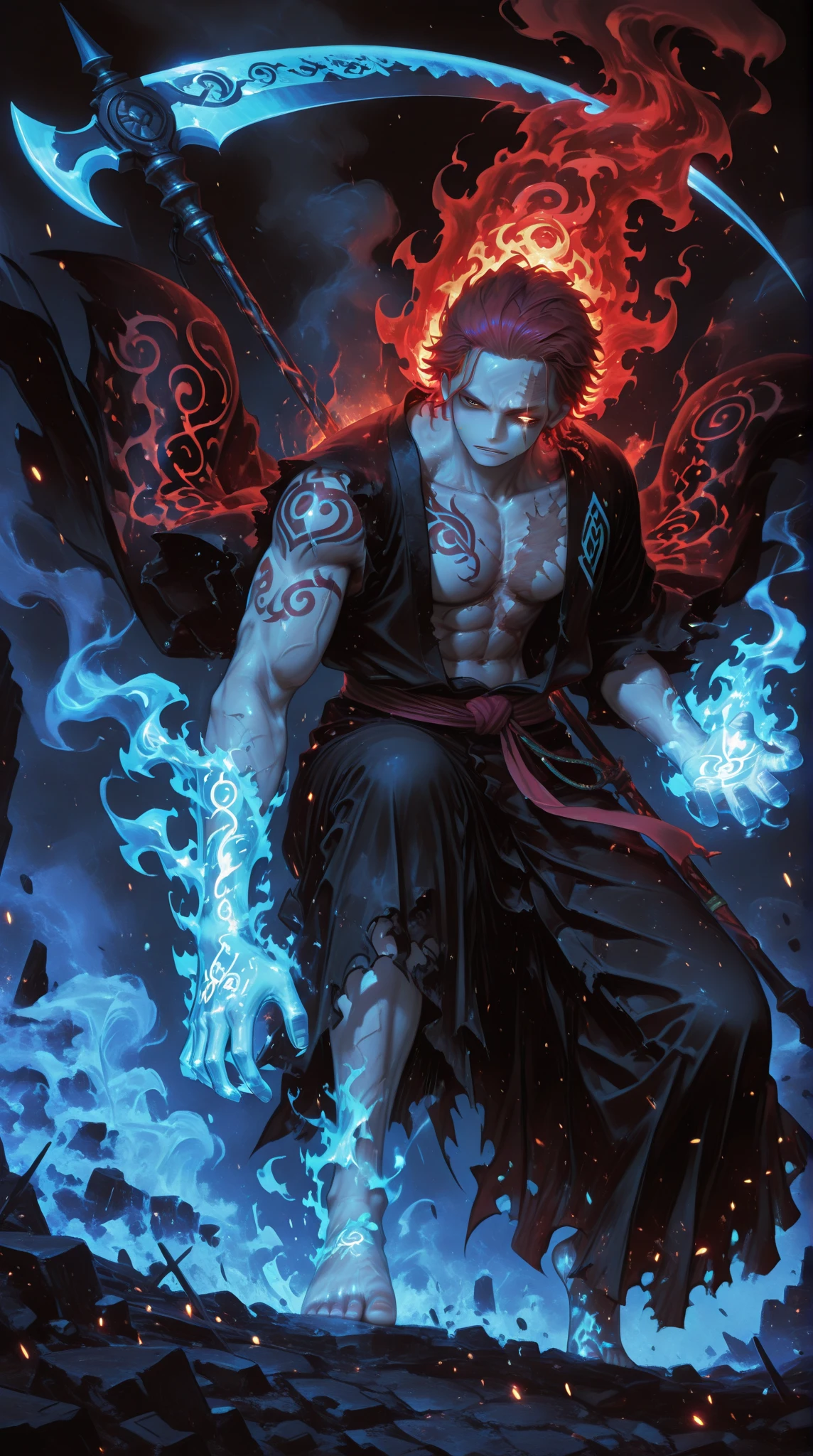 absurdres, highres, ultra detailed, HDR, master piece, best quality, Dabi, white hair, expressive turquoise eyes, Boku No Hero Academia, solo, sexy man, handsome, horny, demon, horns, lewd, black leather clothes, red cape, accessories, showing the chest, red sky, red moon, red trees, red spider lilies, fantasy, dark magic, magical
